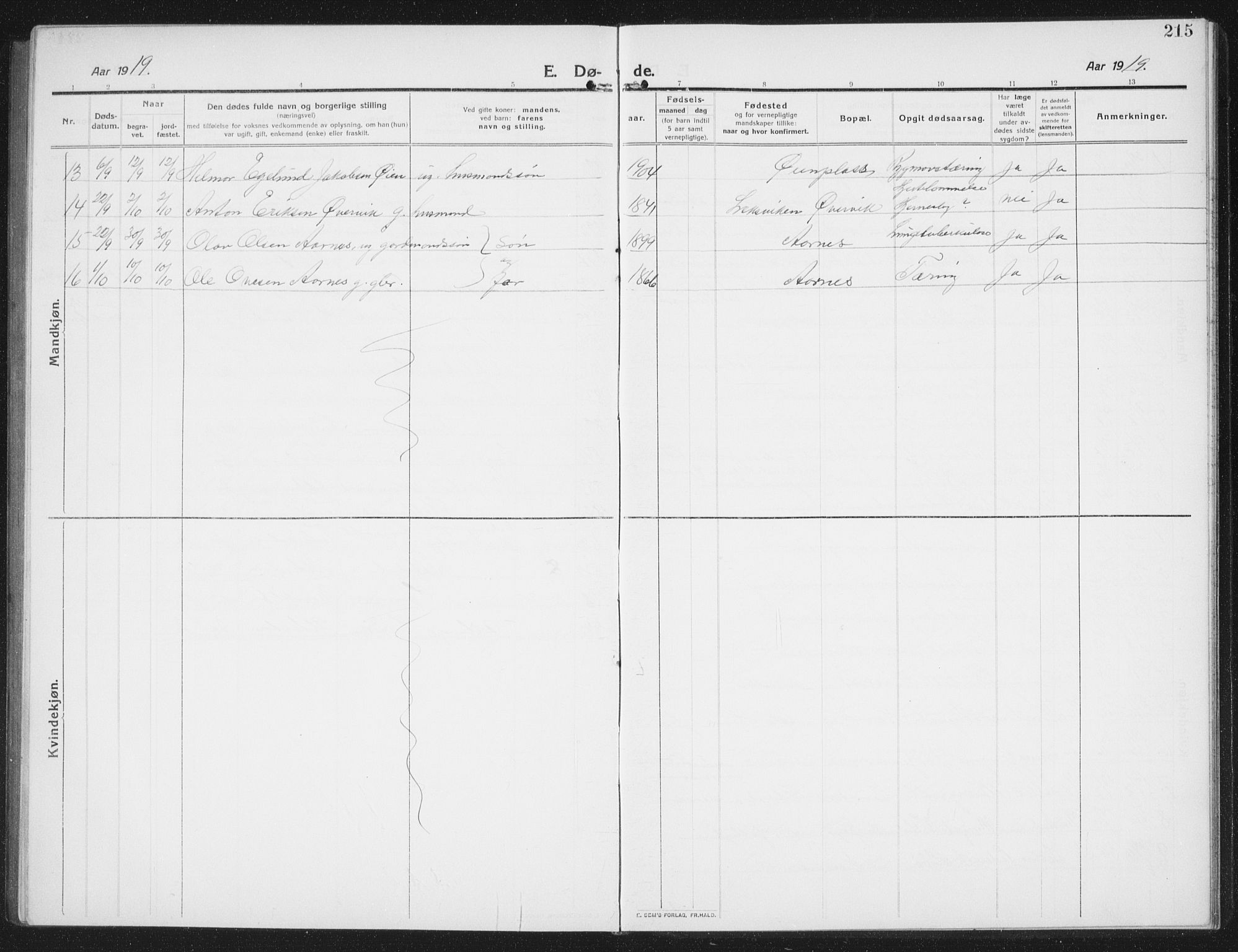 Ministerialprotokoller, klokkerbøker og fødselsregistre - Nord-Trøndelag, SAT/A-1458/774/L0630: Klokkerbok nr. 774C01, 1910-1934, s. 215