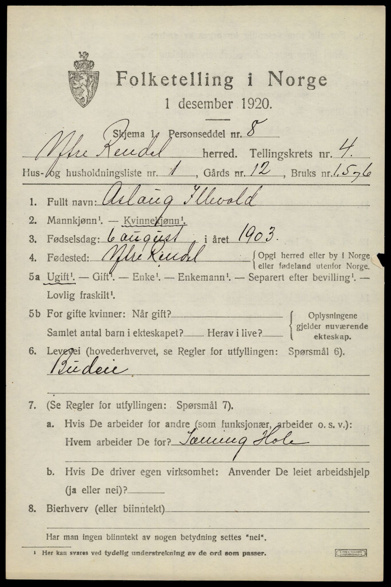 SAH, Folketelling 1920 for 0432 Ytre Rendal herred, 1920, s. 2063