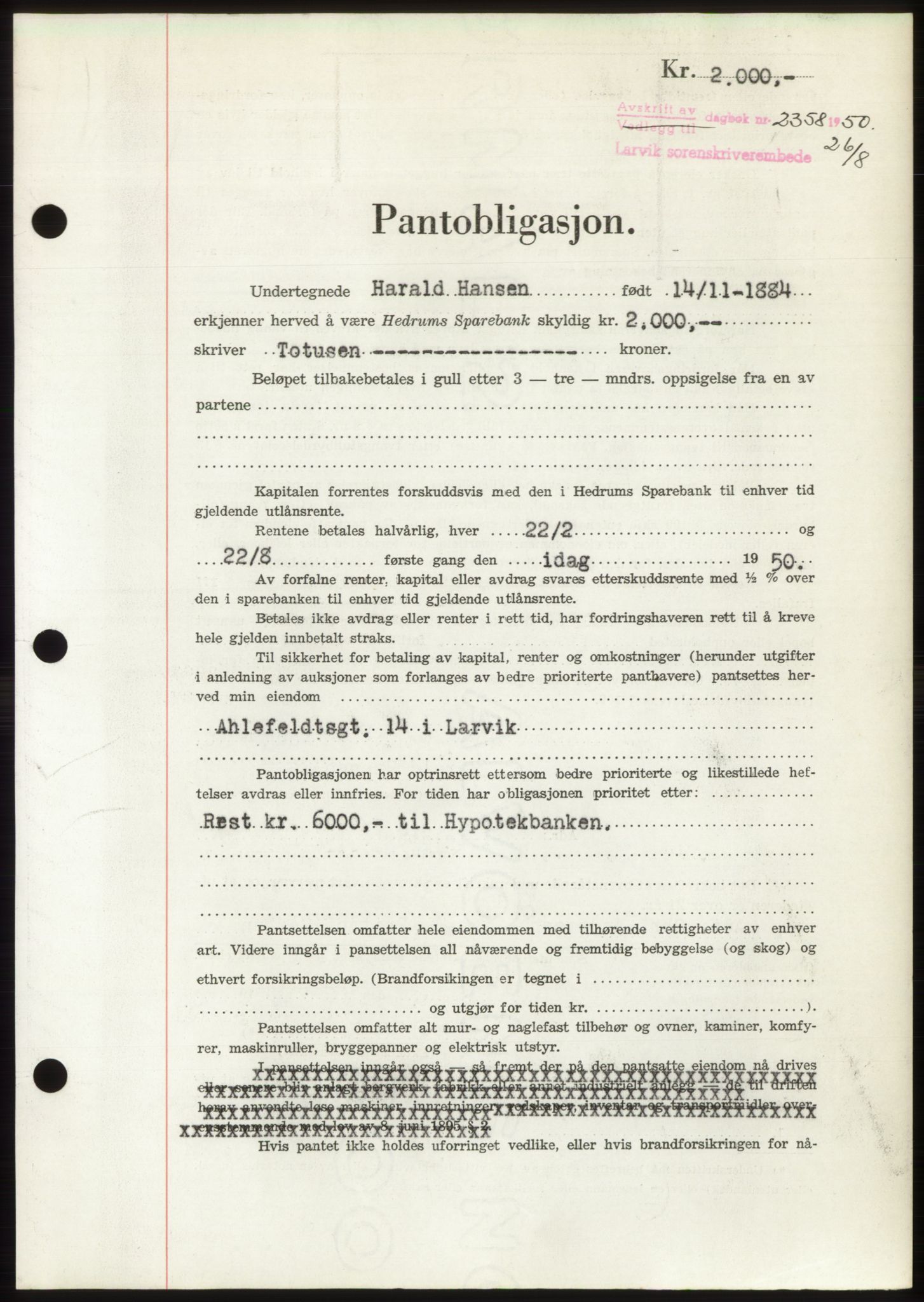 Larvik sorenskriveri, AV/SAKO-A-83/G/Ga/Gac/L0018: Pantebok nr. B-18, 1950-1950, Dagboknr: 2358/1950