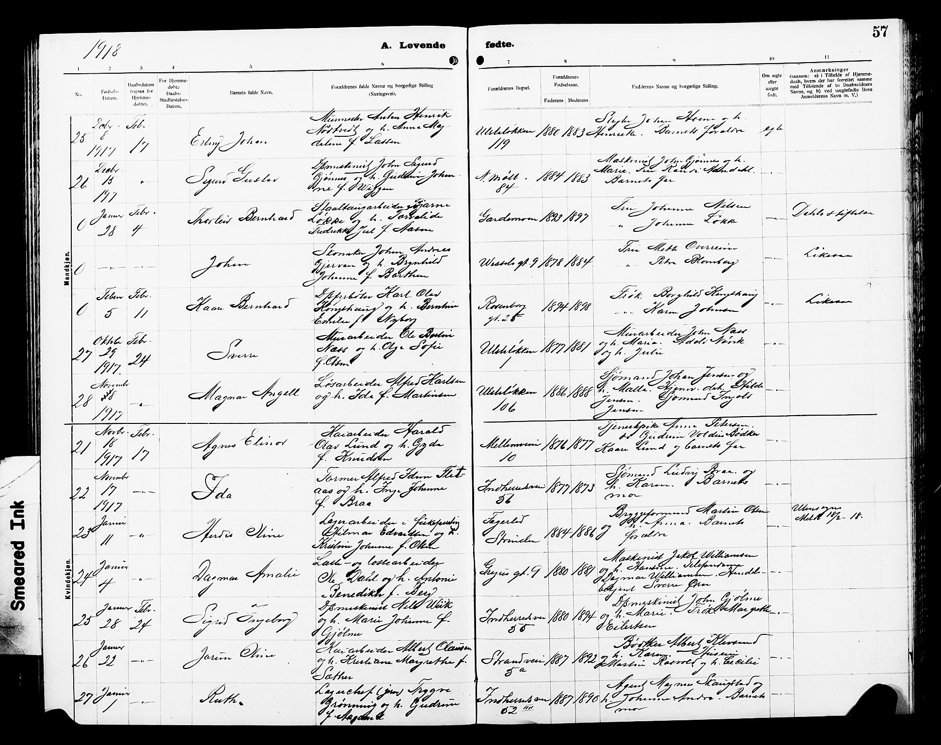 Ministerialprotokoller, klokkerbøker og fødselsregistre - Sør-Trøndelag, AV/SAT-A-1456/605/L0256: Klokkerbok nr. 605C03, 1916-1920, s. 57