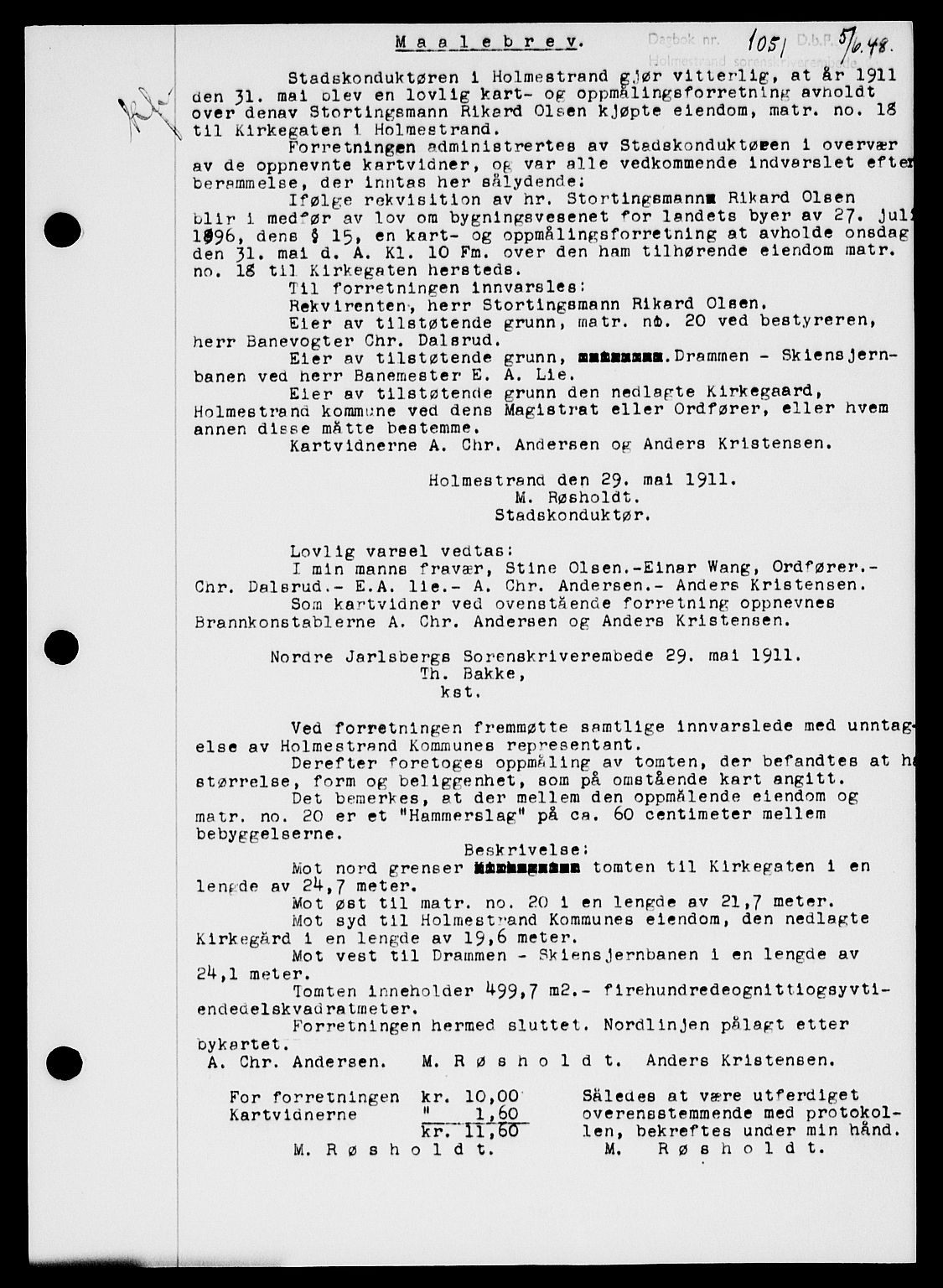 Holmestrand sorenskriveri, SAKO/A-67/G/Ga/Gaa/L0064: Pantebok nr. A-64, 1948-1948, Dagboknr: 1051/1948