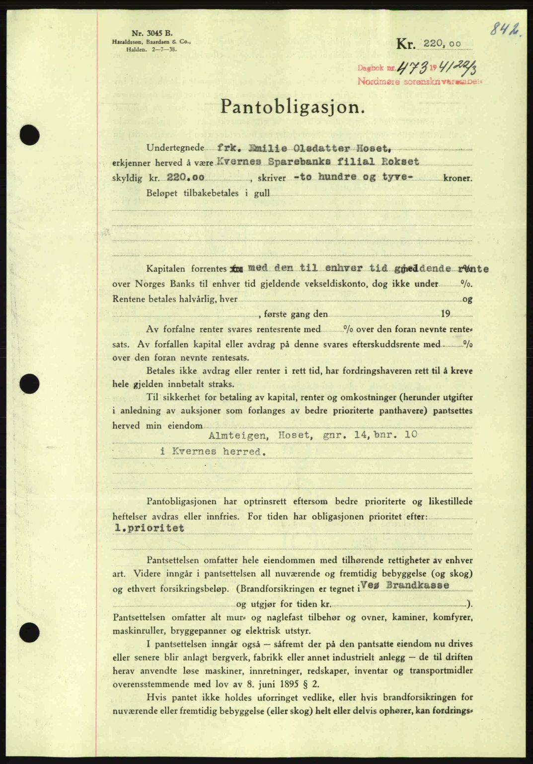 Nordmøre sorenskriveri, AV/SAT-A-4132/1/2/2Ca: Pantebok nr. B87, 1940-1941, Dagboknr: 473/1941