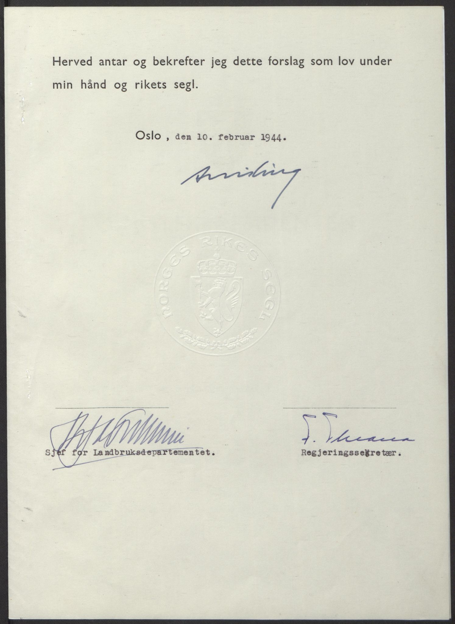 NS-administrasjonen 1940-1945 (Statsrådsekretariatet, de kommisariske statsråder mm), RA/S-4279/D/Db/L0100: Lover, 1944, s. 55