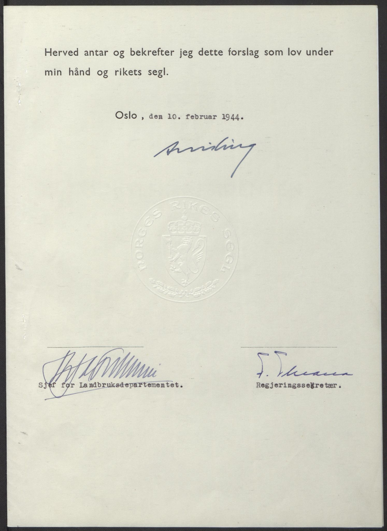 NS-administrasjonen 1940-1945 (Statsrådsekretariatet, de kommisariske statsråder mm), AV/RA-S-4279/D/Db/L0100: Lover, 1944, s. 55