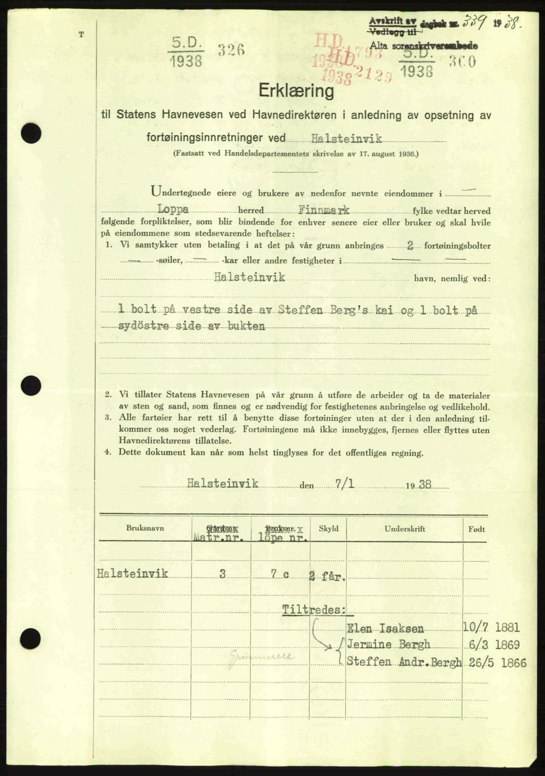 Alta fogderi/sorenskriveri, SATØ/SATØ-5/1/K/Kd/L0031pantebok: Pantebok nr. 31, 1938-1939, Dagboknr: 339/1938