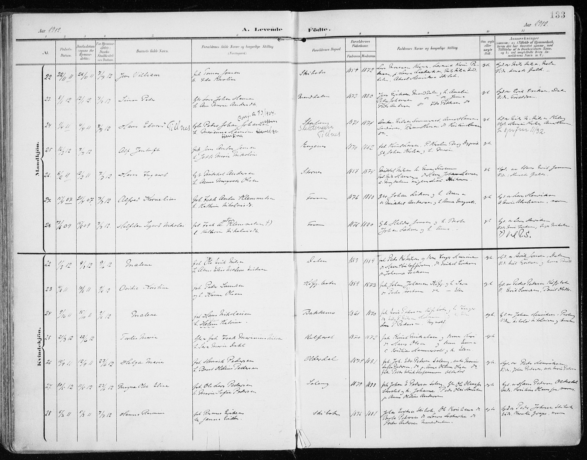 Lyngen sokneprestembete, AV/SATØ-S-1289/H/He/Hea/L0011kirke: Ministerialbok nr. 11, 1903-1913, s. 133