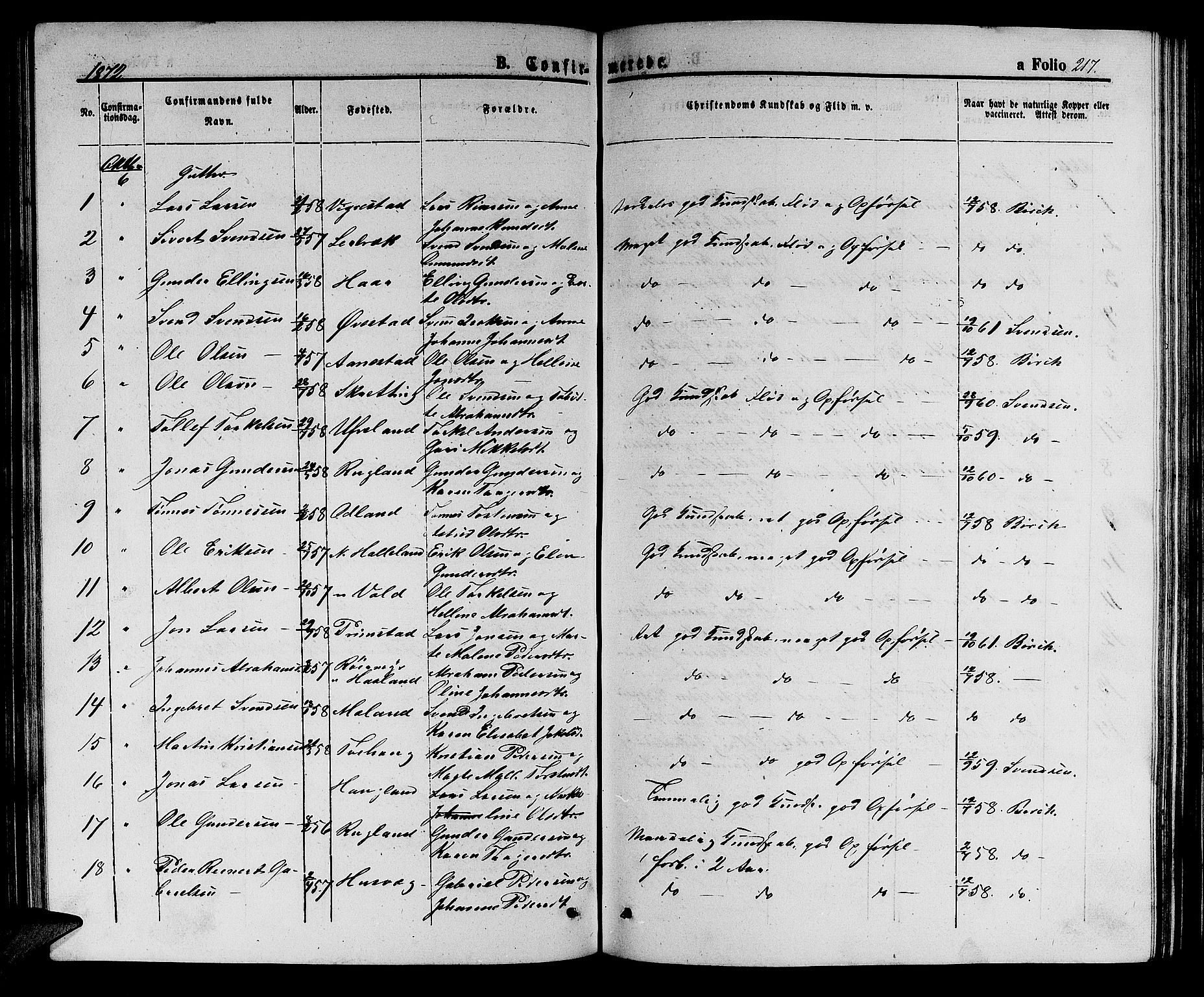 Hå sokneprestkontor, AV/SAST-A-101801/001/30BB/L0002: Klokkerbok nr. B 2, 1854-1883, s. 217