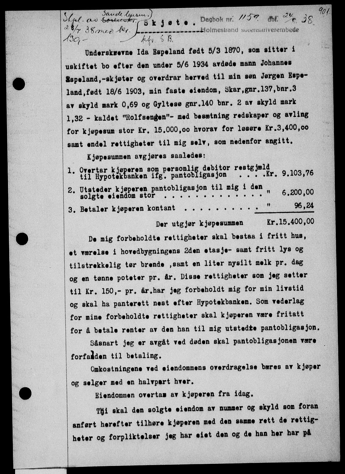 Holmestrand sorenskriveri, SAKO/A-67/G/Ga/Gaa/L0049: Pantebok nr. A-49, 1937-1938, Dagboknr: 1159/1938