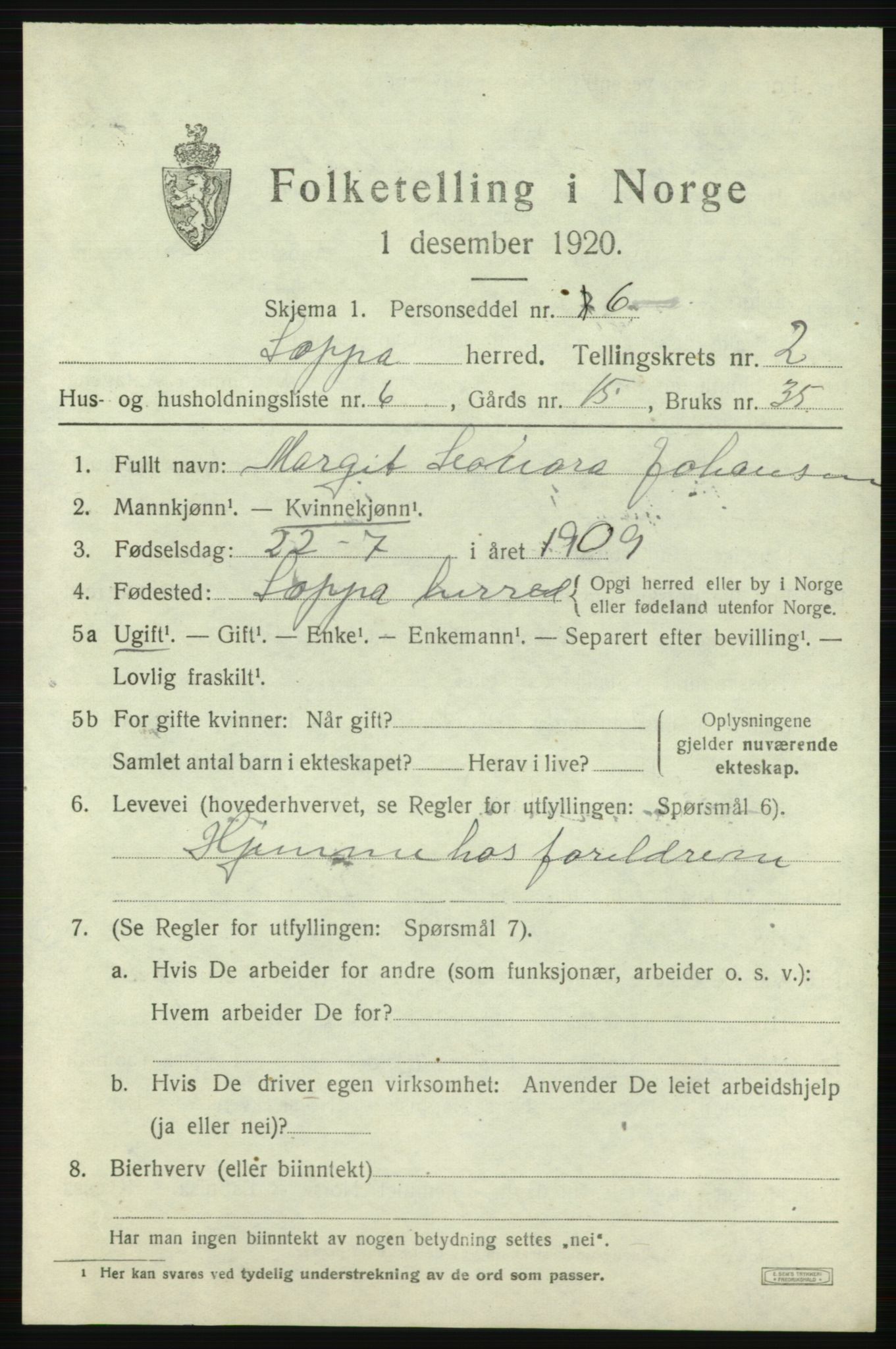 SATØ, Folketelling 1920 for 2014 Loppa herred, 1920, s. 880
