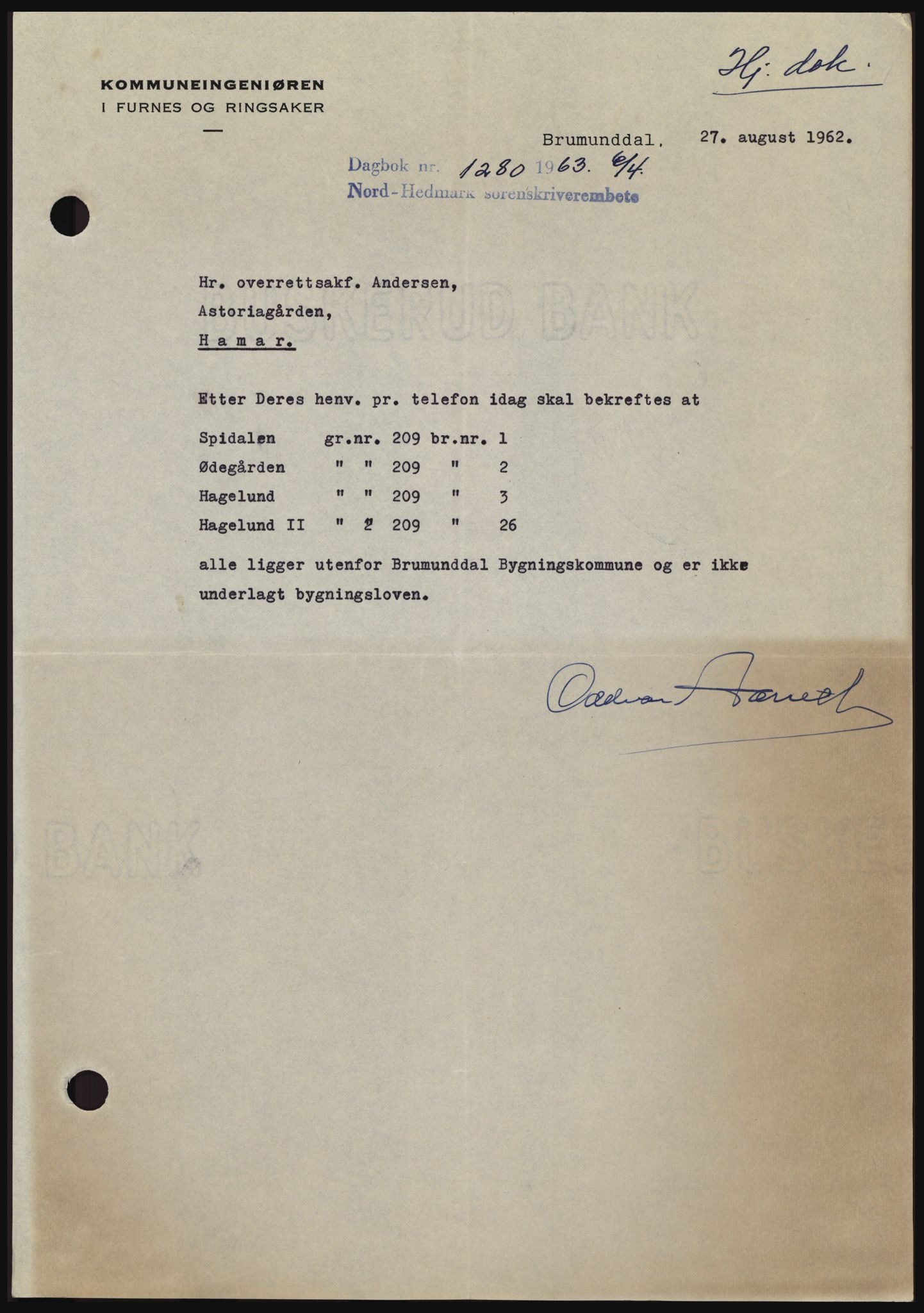 Nord-Hedmark sorenskriveri, SAH/TING-012/H/Hc/L0017: Pantebok nr. 17, 1962-1963, Dagboknr: 1280/1963