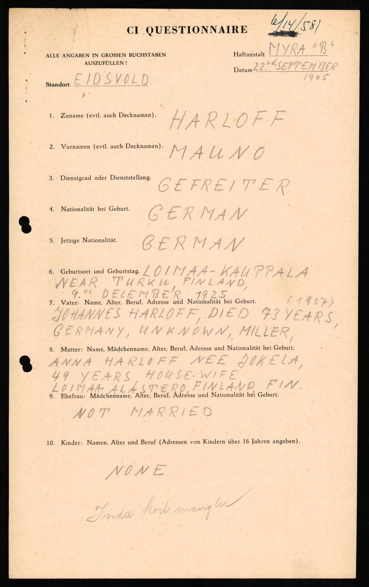 Forsvaret, Forsvarets overkommando II, AV/RA-RAFA-3915/D/Db/L0012: CI Questionaires. Tyske okkupasjonsstyrker i Norge. Tyskere., 1945-1946, s. 39