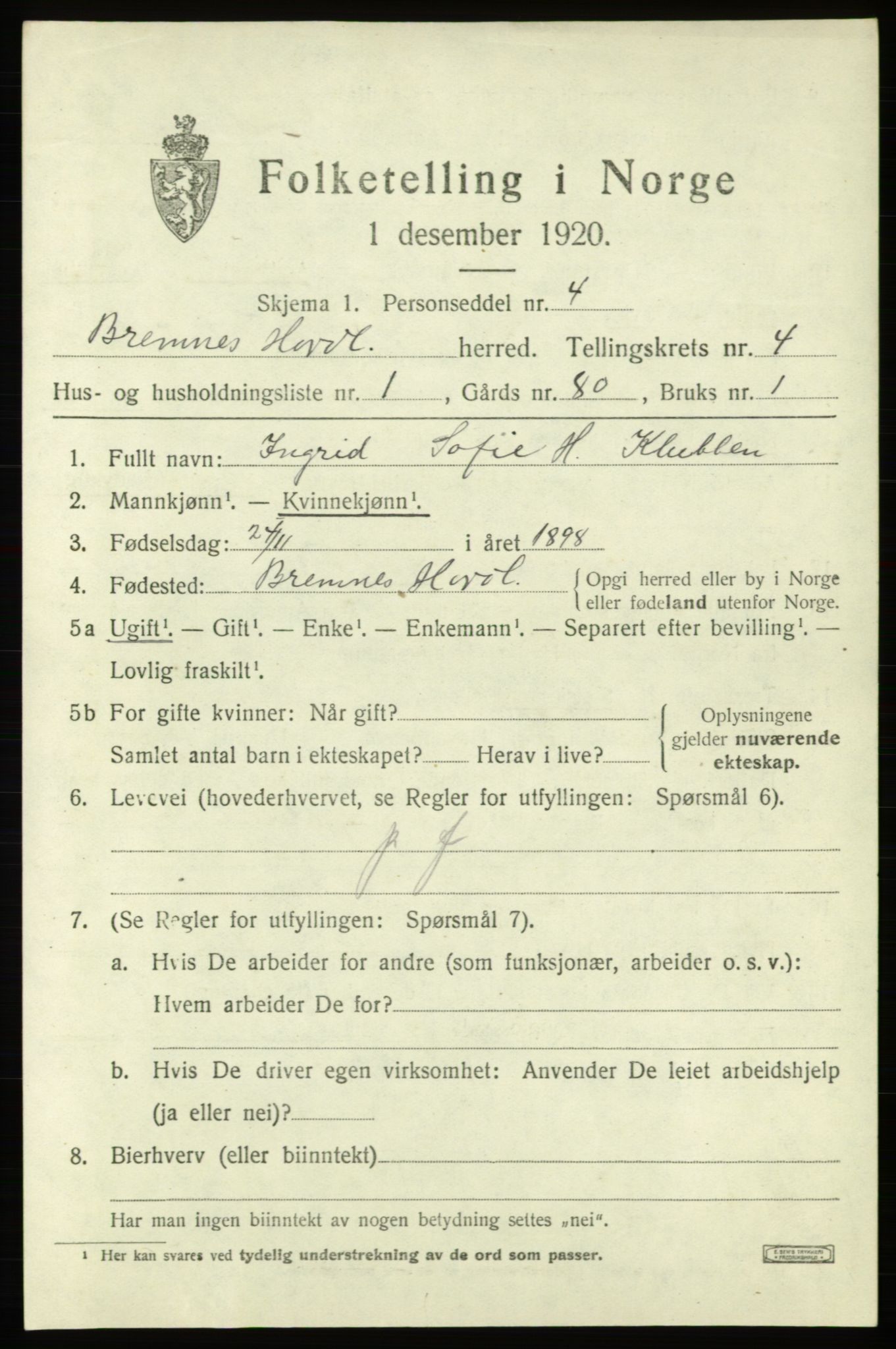 SAB, Folketelling 1920 for 1220 Bremnes herred, 1920, s. 1812