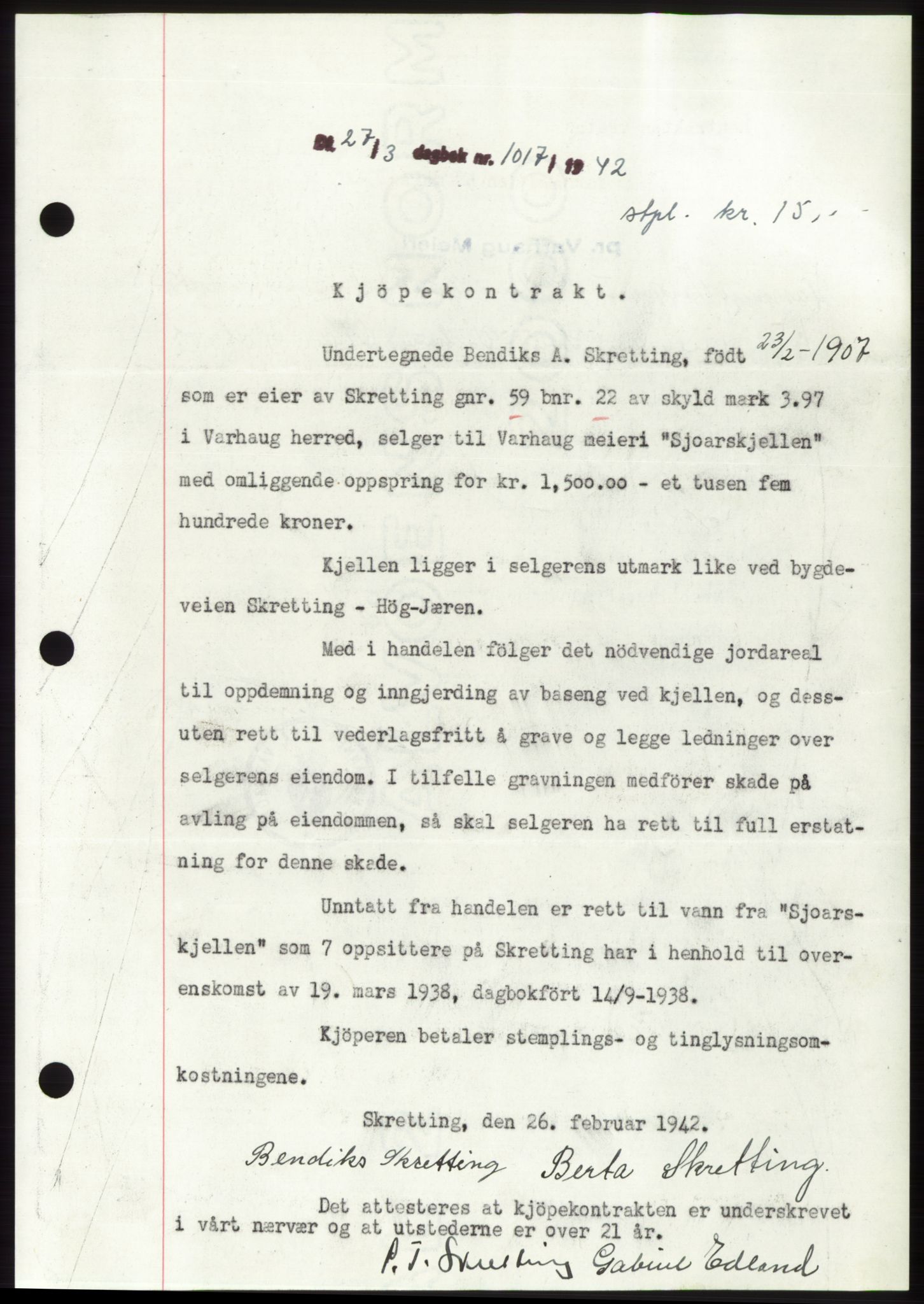 Jæren sorenskriveri, SAST/A-100310/03/G/Gba/L0082: Pantebok, 1942-1942, Dagboknr: 1017/1942