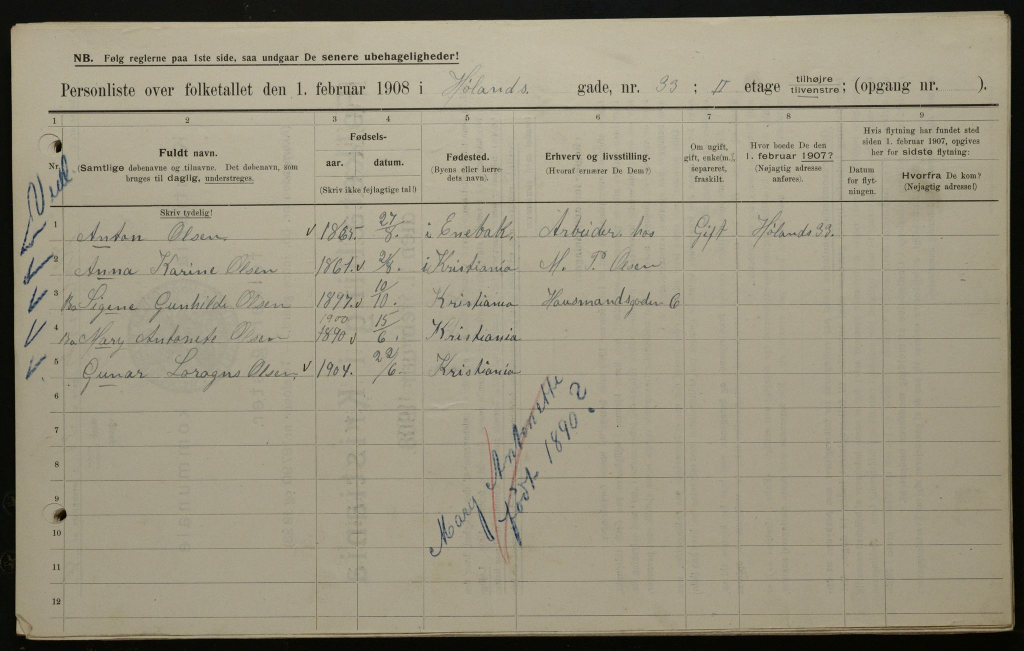 OBA, Kommunal folketelling 1.2.1908 for Kristiania kjøpstad, 1908, s. 38268