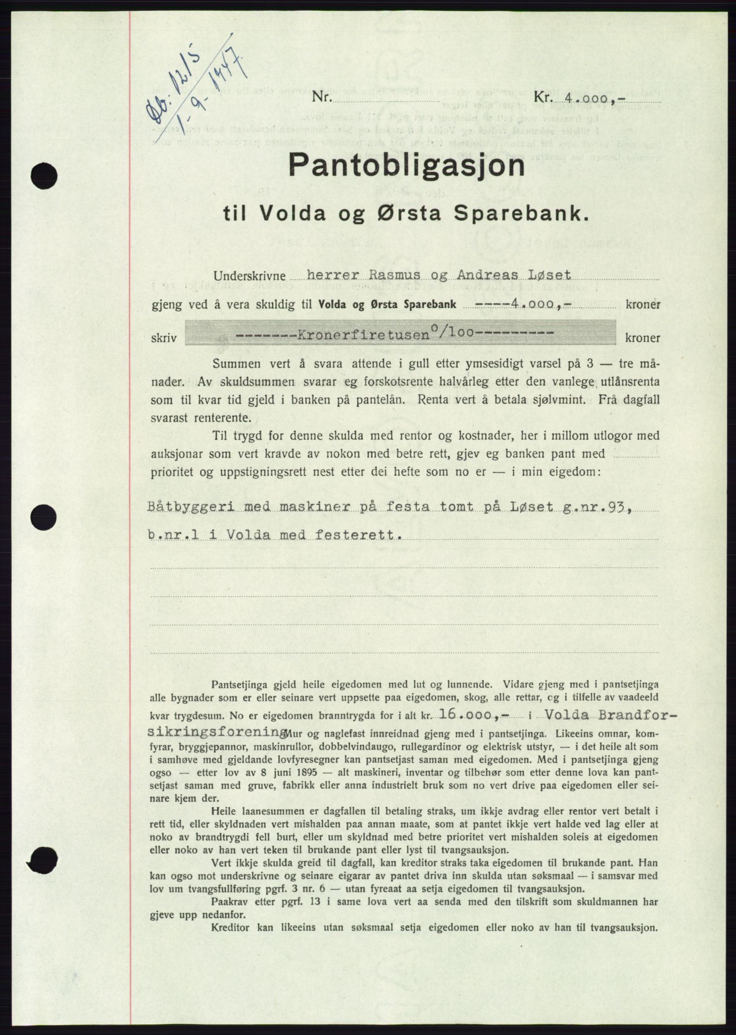 Søre Sunnmøre sorenskriveri, AV/SAT-A-4122/1/2/2C/L0115: Pantebok nr. 3B, 1947-1948, Dagboknr: 1215/1947