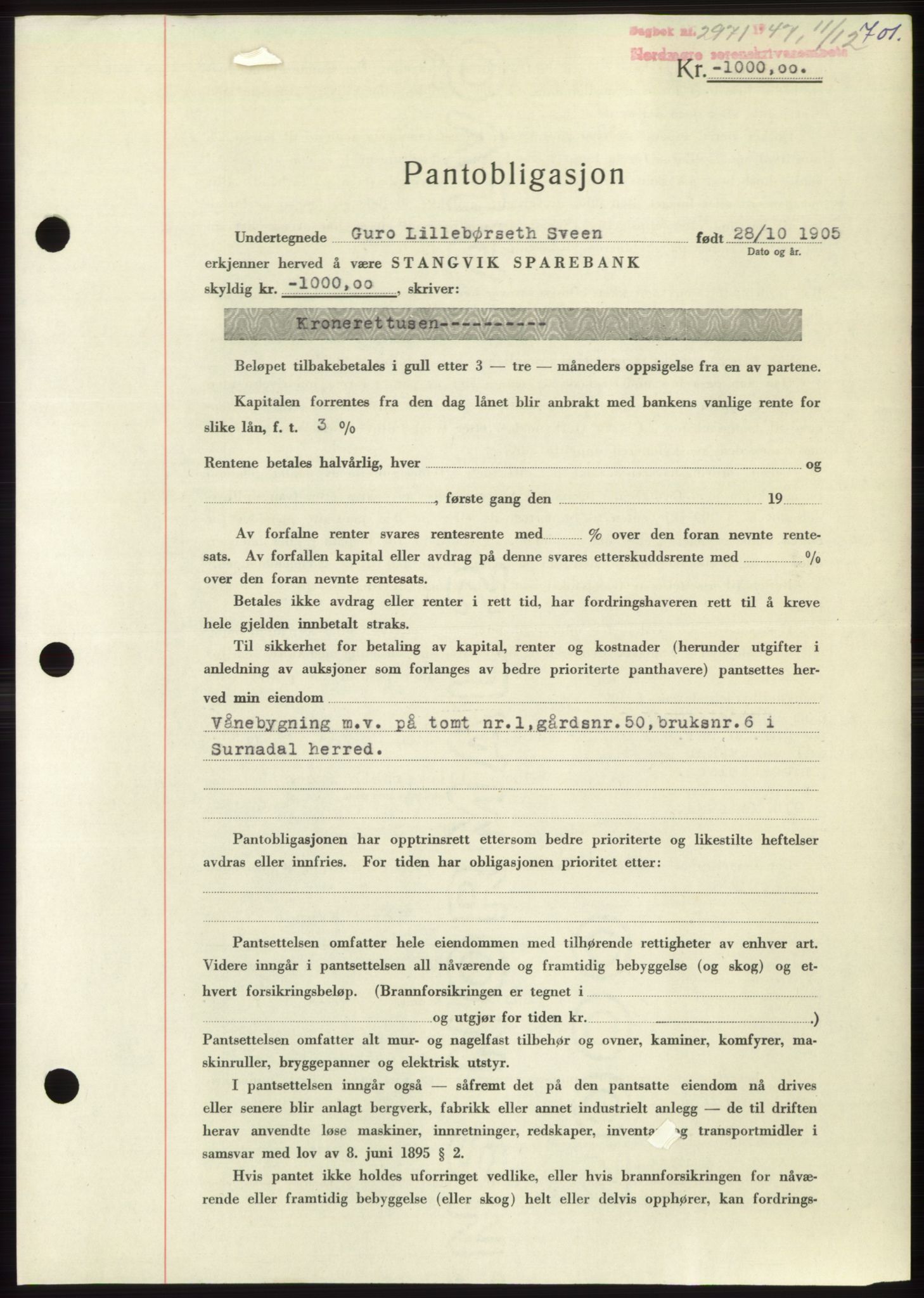 Nordmøre sorenskriveri, AV/SAT-A-4132/1/2/2Ca: Pantebok nr. B97, 1947-1948, Dagboknr: 2971/1947