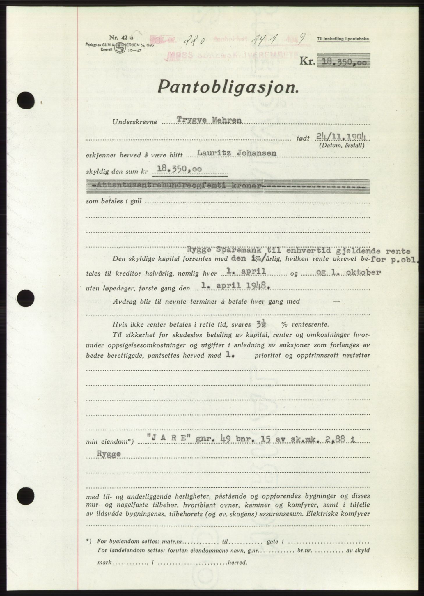 Moss sorenskriveri, SAO/A-10168: Pantebok nr. B21, 1949-1949, Dagboknr: 220/1949