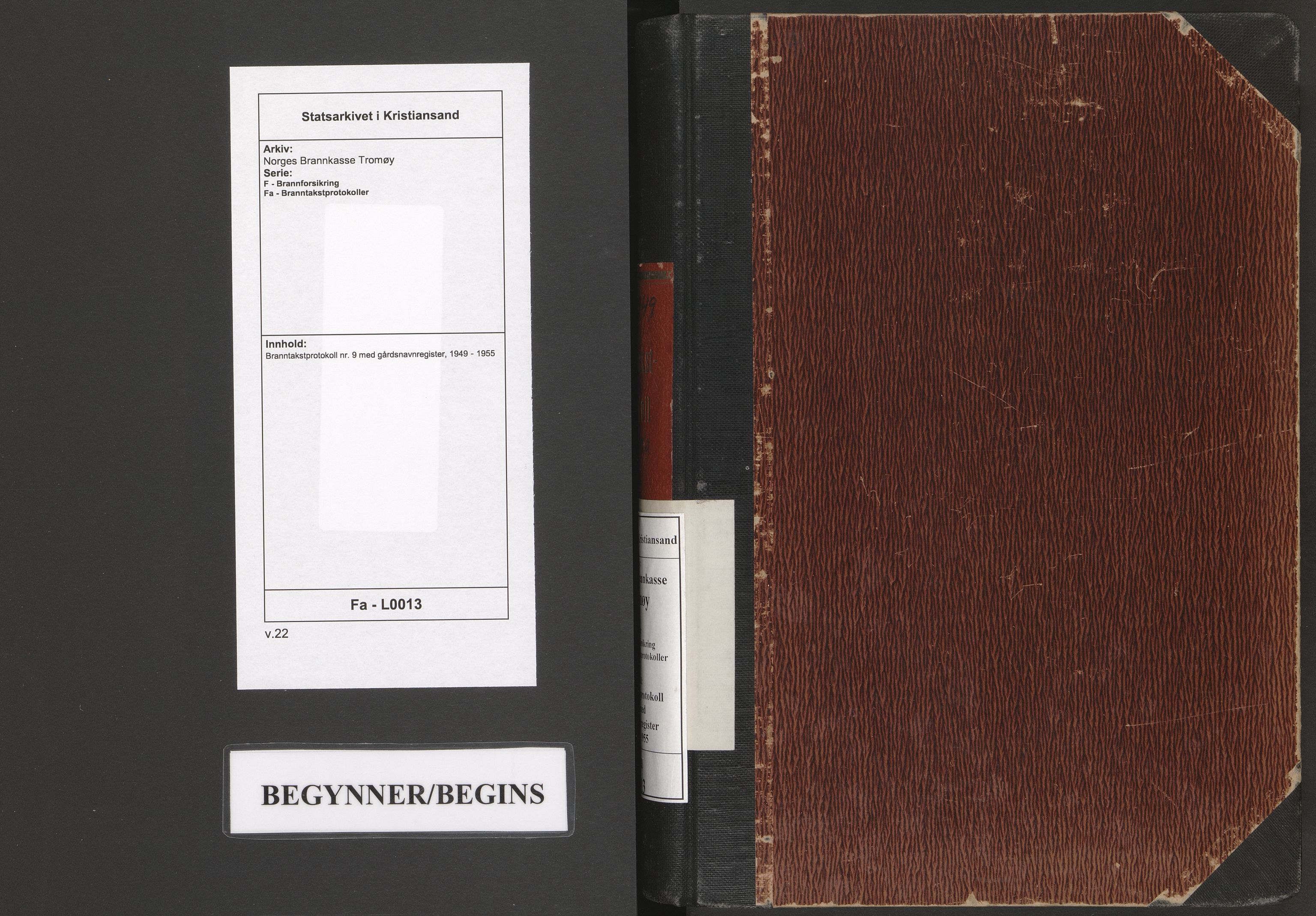 Norges Brannkasse Tromøy, SAK/2241-0049/F/Fa/L0013: Branntakstprotokoll nr. 9 med gårdsnavnregister, 1949-1955