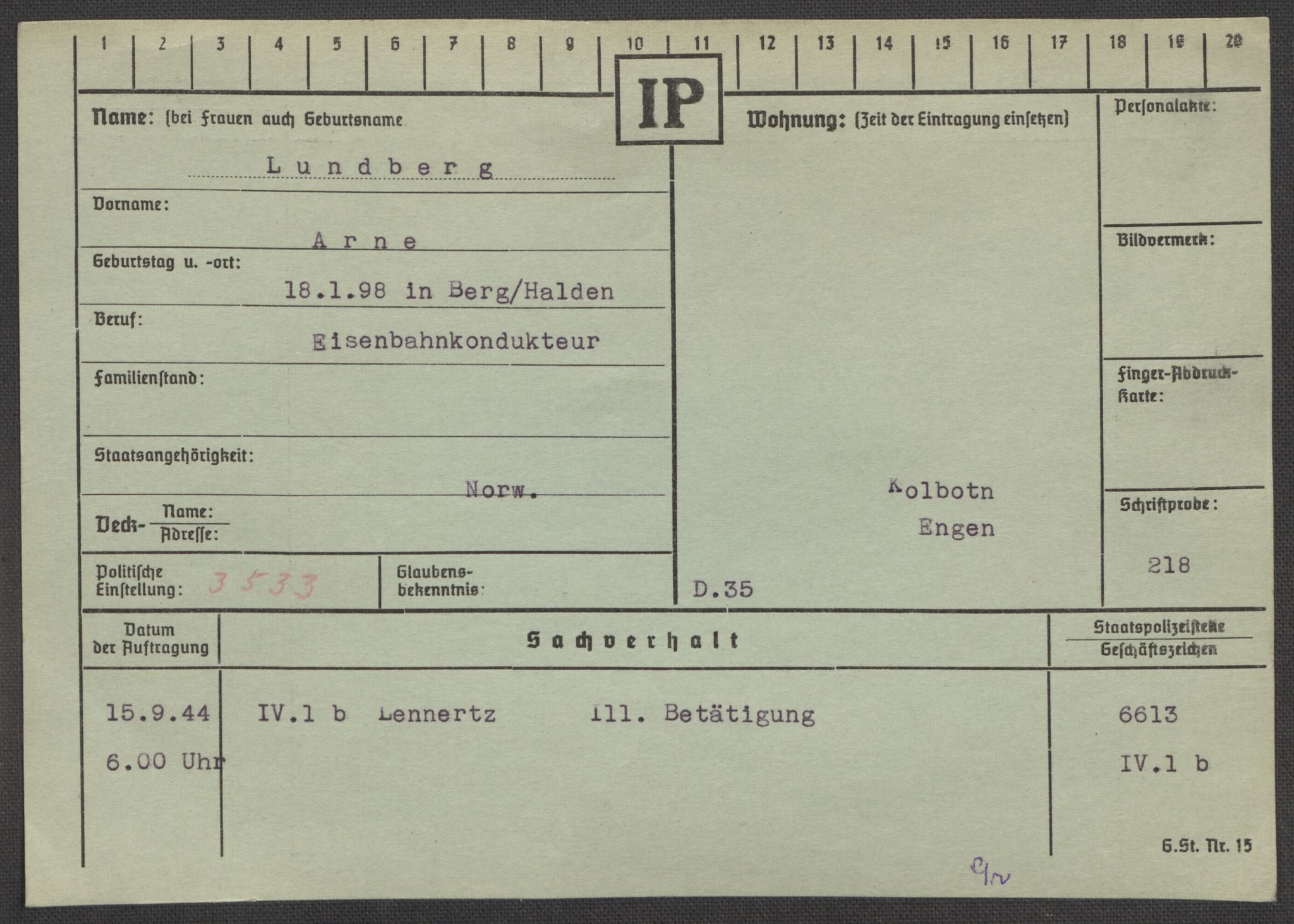 Befehlshaber der Sicherheitspolizei und des SD, AV/RA-RAFA-5969/E/Ea/Eaa/L0007: Register over norske fanger i Møllergata 19: Lundb-N, 1940-1945, s. 2