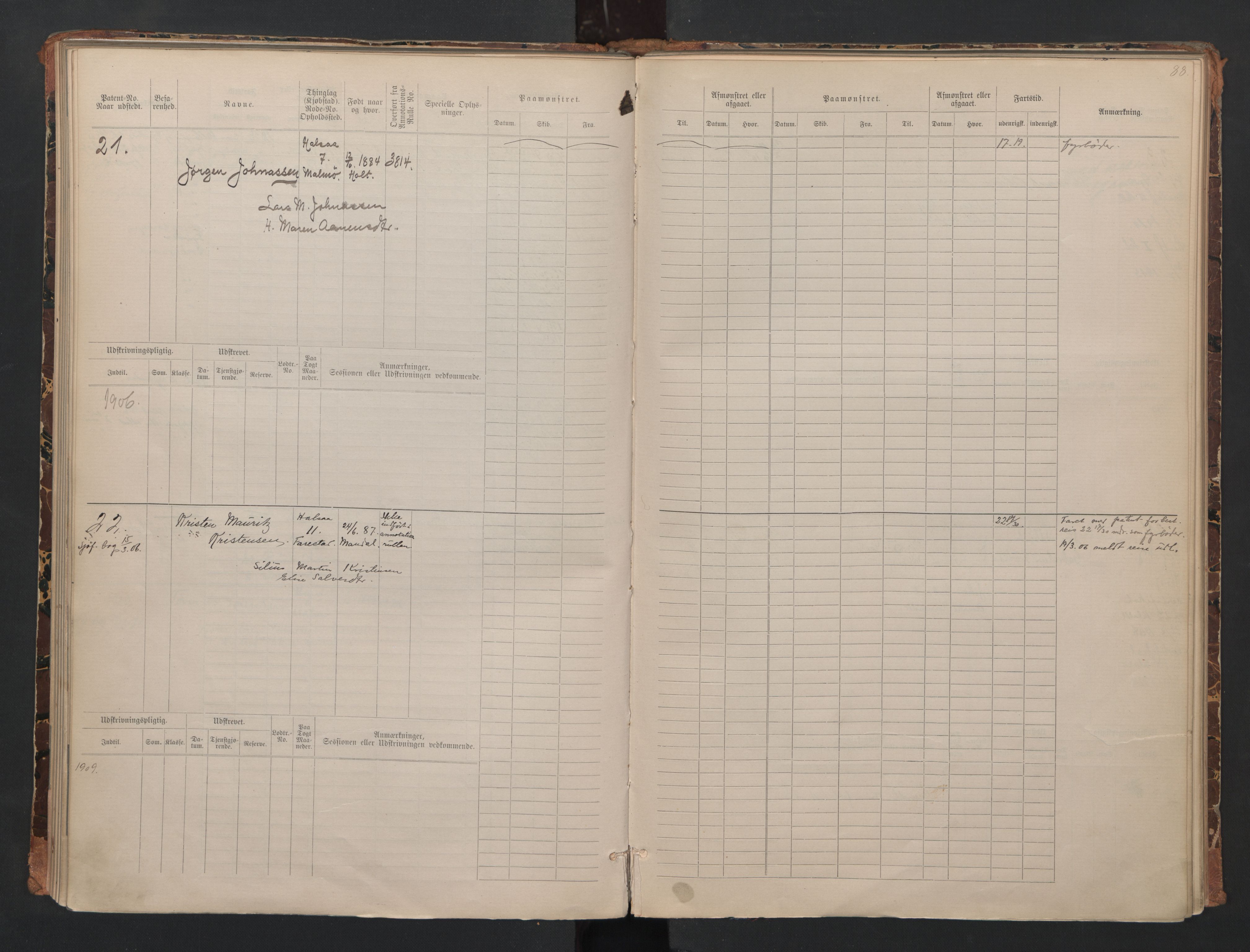 Mandal mønstringskrets, SAK/2031-0016/F/Fa/L0008: Annotasjonsrulle nr 1-3, hovedrulle nr 1-122, maskinister og fyrbøtere, med register, Y-18, 1883-1948, s. 41