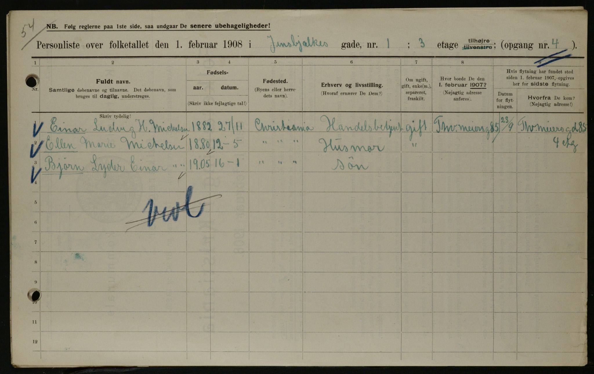 OBA, Kommunal folketelling 1.2.1908 for Kristiania kjøpstad, 1908, s. 40644