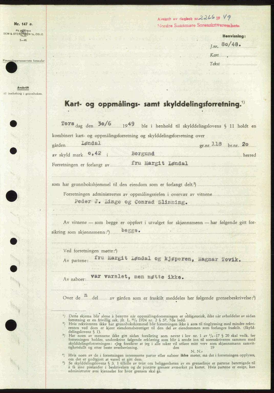 Nordre Sunnmøre sorenskriveri, SAT/A-0006/1/2/2C/2Ca: Pantebok nr. A32, 1949-1949, Dagboknr: 2266/1949