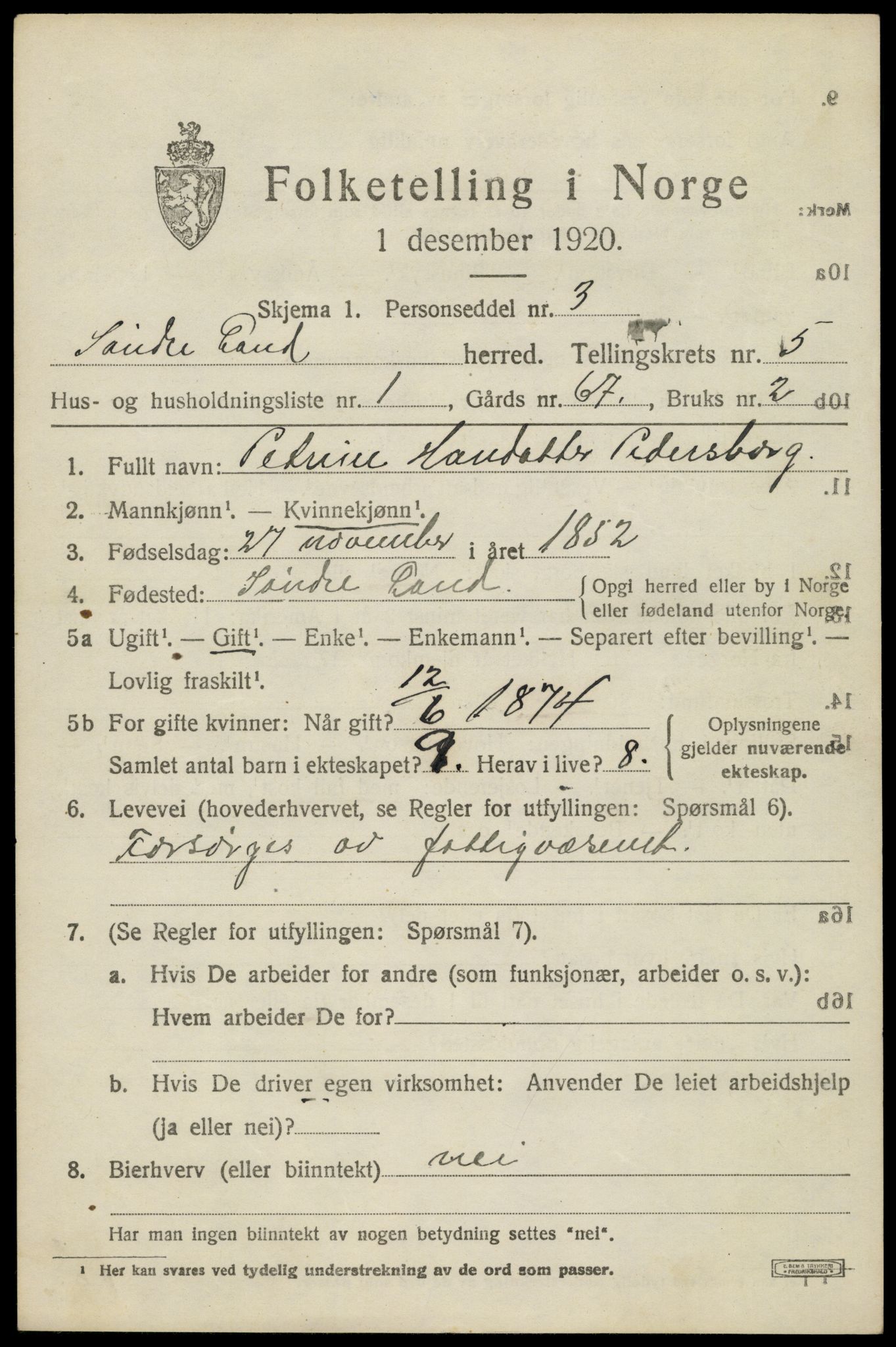 SAH, Folketelling 1920 for 0536 Søndre Land herred, 1920, s. 5001