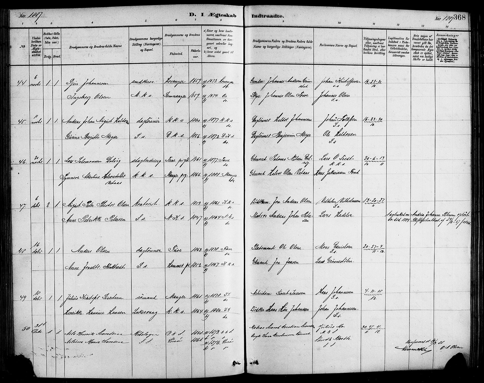 Sandviken Sokneprestembete, AV/SAB-A-77601/H/Hb/L0001: Klokkerbok nr. A 2, 1879-1892, s. 368