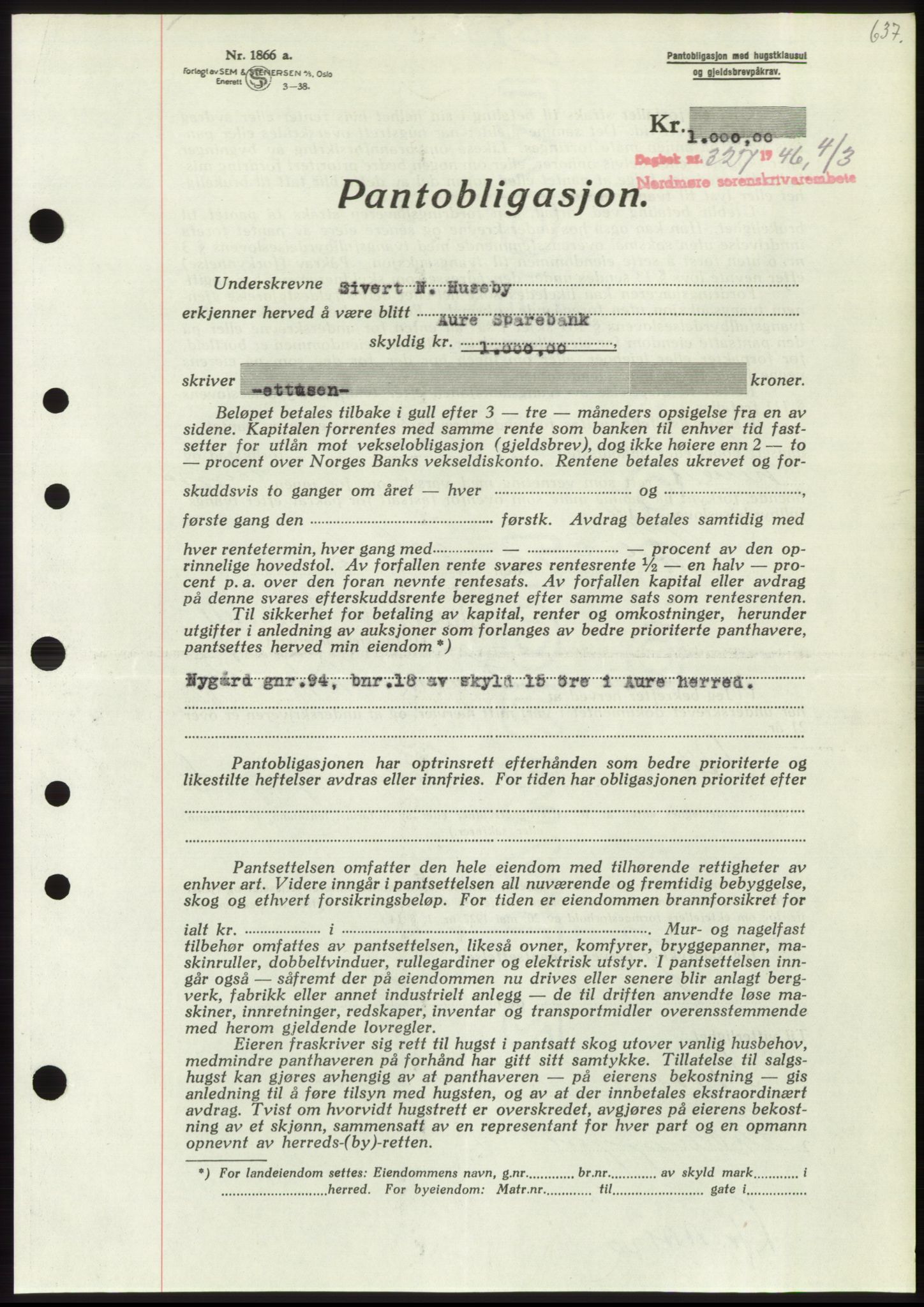 Nordmøre sorenskriveri, SAT/A-4132/1/2/2Ca: Pantebok nr. B93b, 1946-1946, Dagboknr: 327/1946