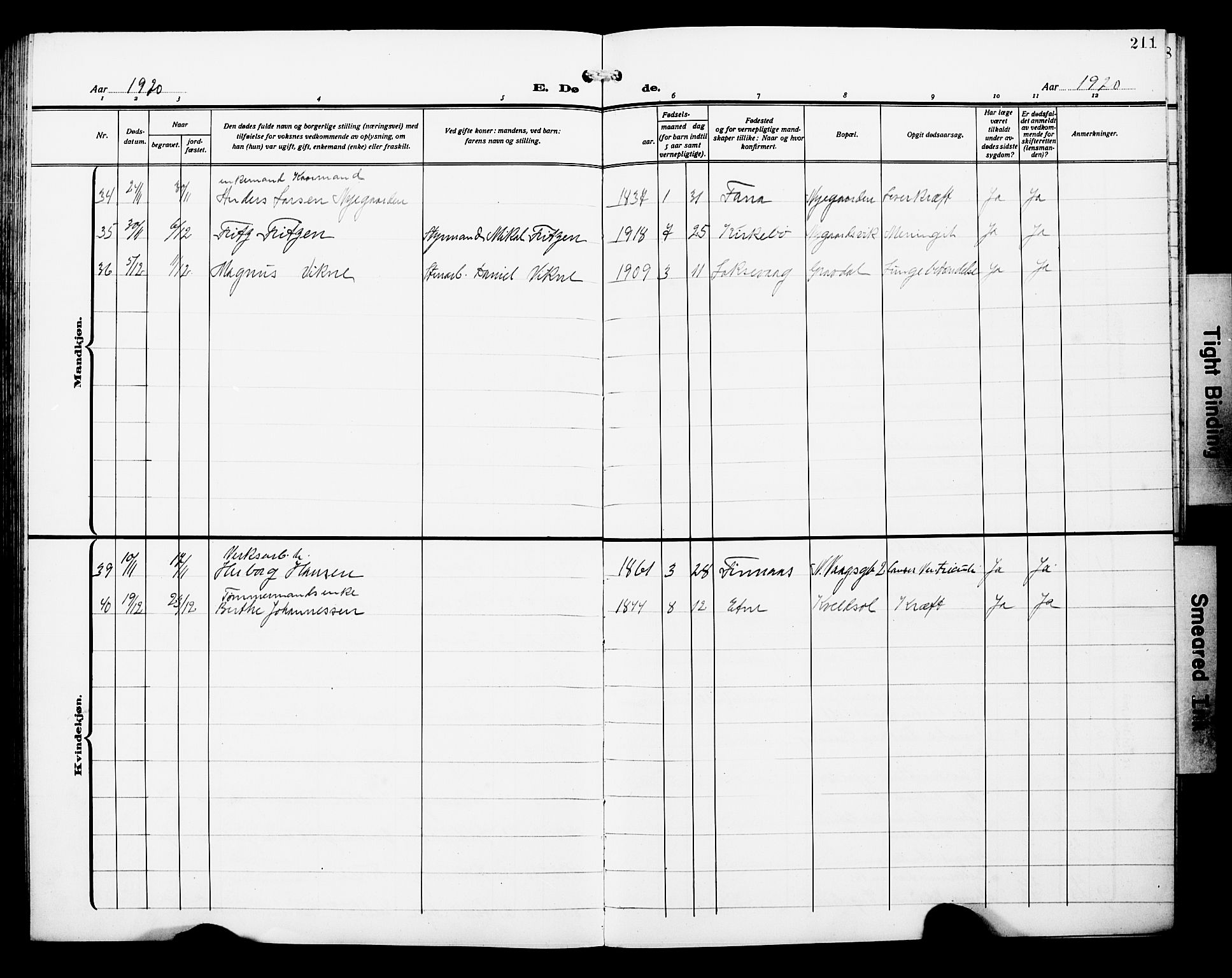 Laksevåg Sokneprestembete, AV/SAB-A-76501/H/Ha/Hab/Haba/L0006: Klokkerbok nr. A 6, 1917-1925, s. 211