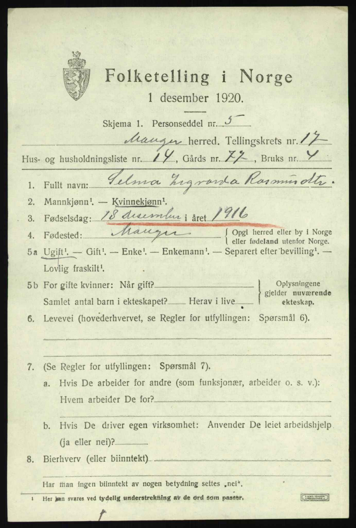 SAB, Folketelling 1920 for 1261 Manger herred, 1920, s. 9724