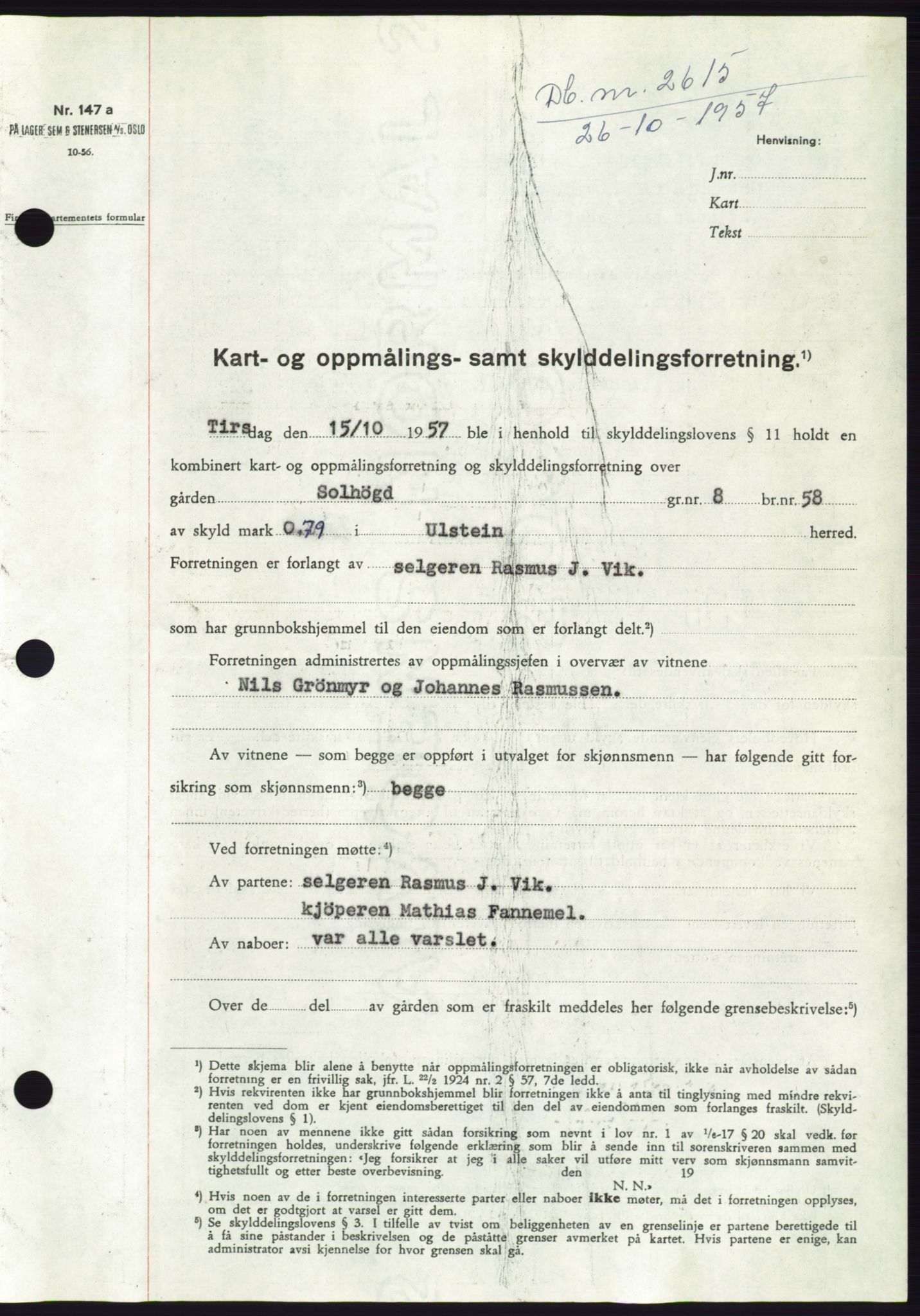 Søre Sunnmøre sorenskriveri, SAT/A-4122/1/2/2C/L0107: Pantebok nr. 33A, 1957-1957, Dagboknr: 2615/1957