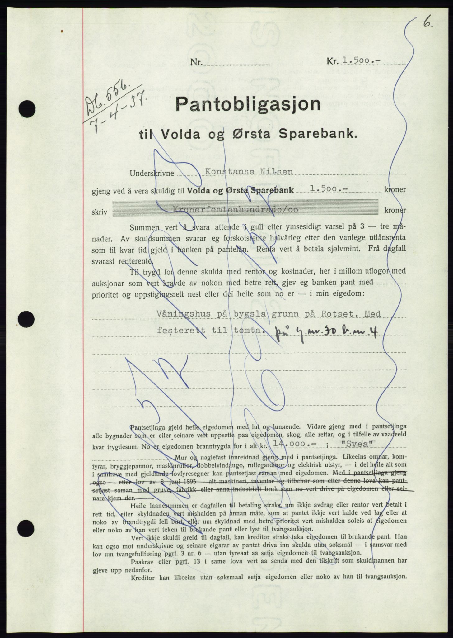 Søre Sunnmøre sorenskriveri, AV/SAT-A-4122/1/2/2C/L0063: Pantebok nr. 57, 1937-1937, Dagboknr: 556/1937