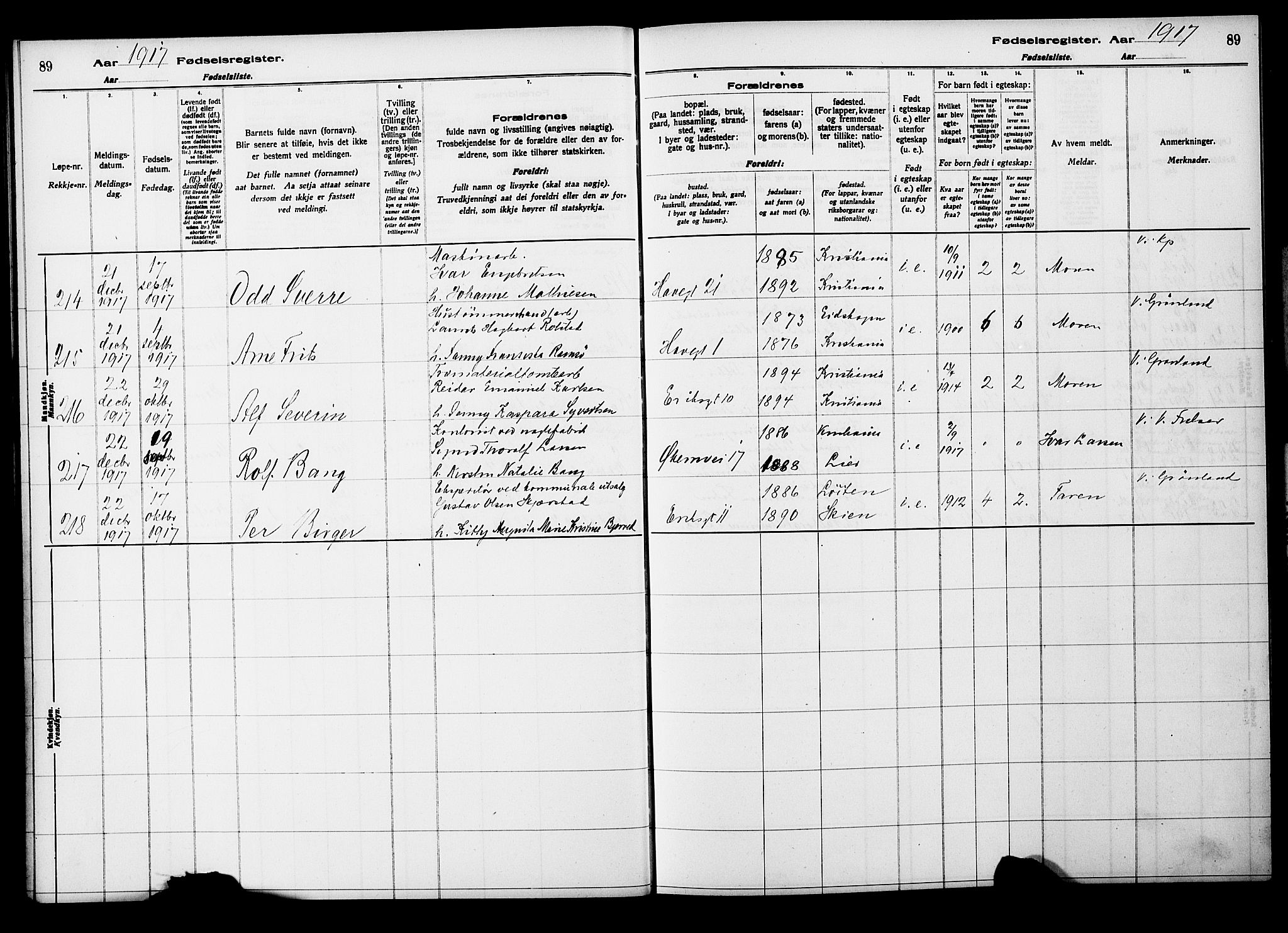 Kampen prestekontor Kirkebøker, AV/SAO-A-10853/J/Ja/L0001: Fødselsregister nr. 1, 1916-1920, s. 89