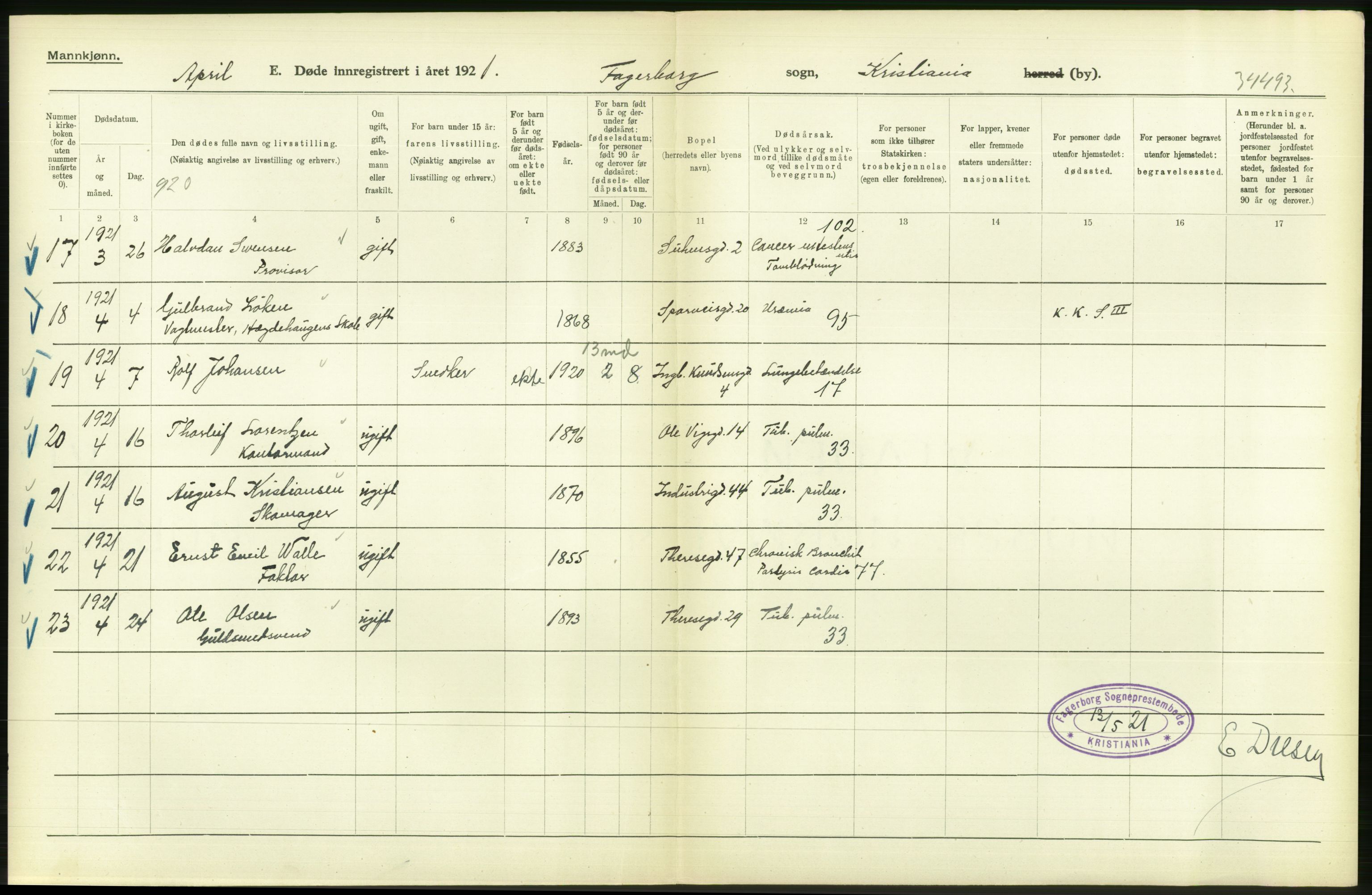 Statistisk sentralbyrå, Sosiodemografiske emner, Befolkning, AV/RA-S-2228/D/Df/Dfc/Dfca/L0012: Kristiania: Døde, 1921, s. 290