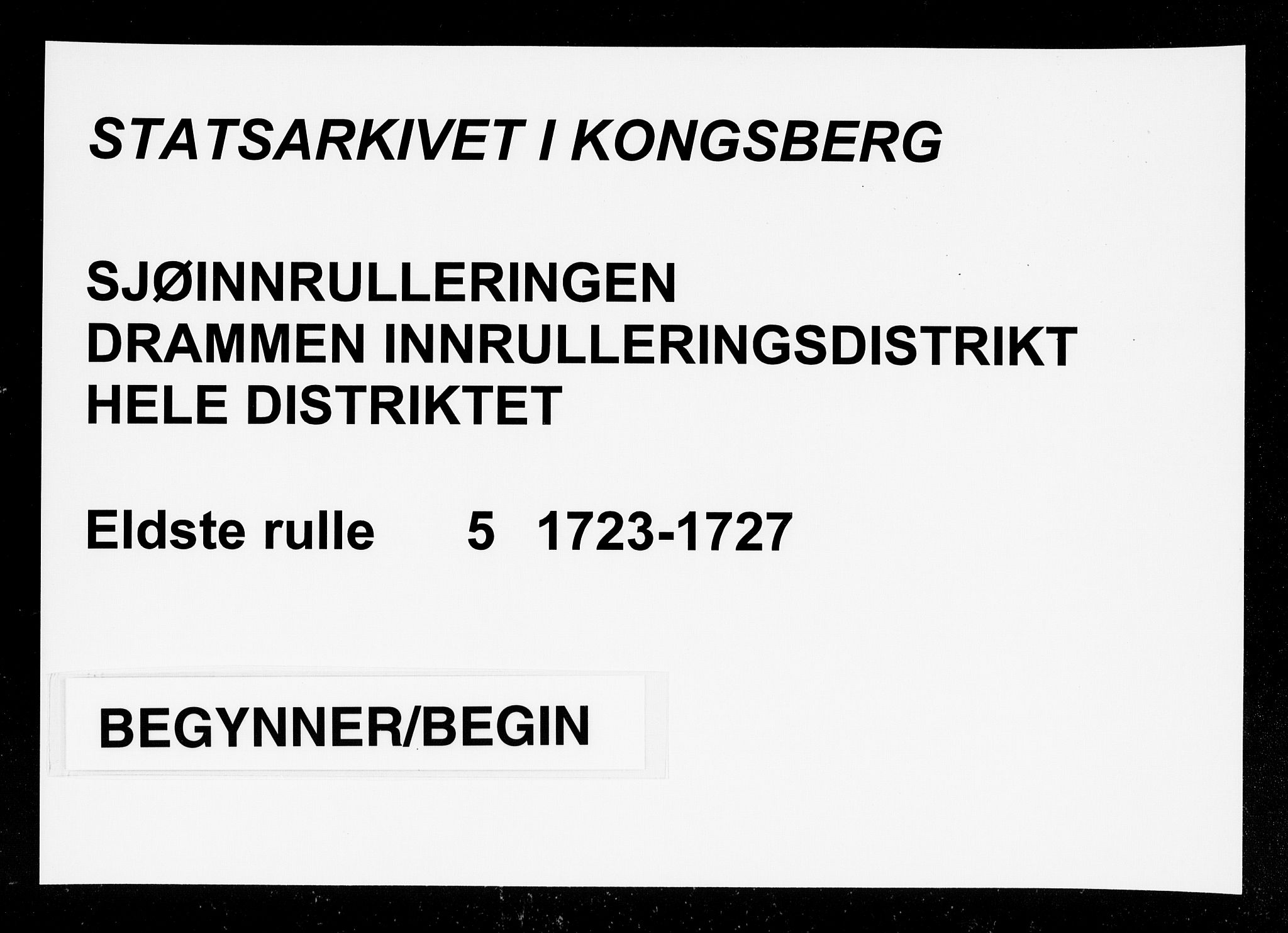 Drammen innrulleringsdistrikt, AV/SAKO-A-781/F/Fa/L0005/0001: Ruller / Rulle over ungt mannskap i Bragernes distrikt som har blitt innrullert, 1723-1727, s. 1