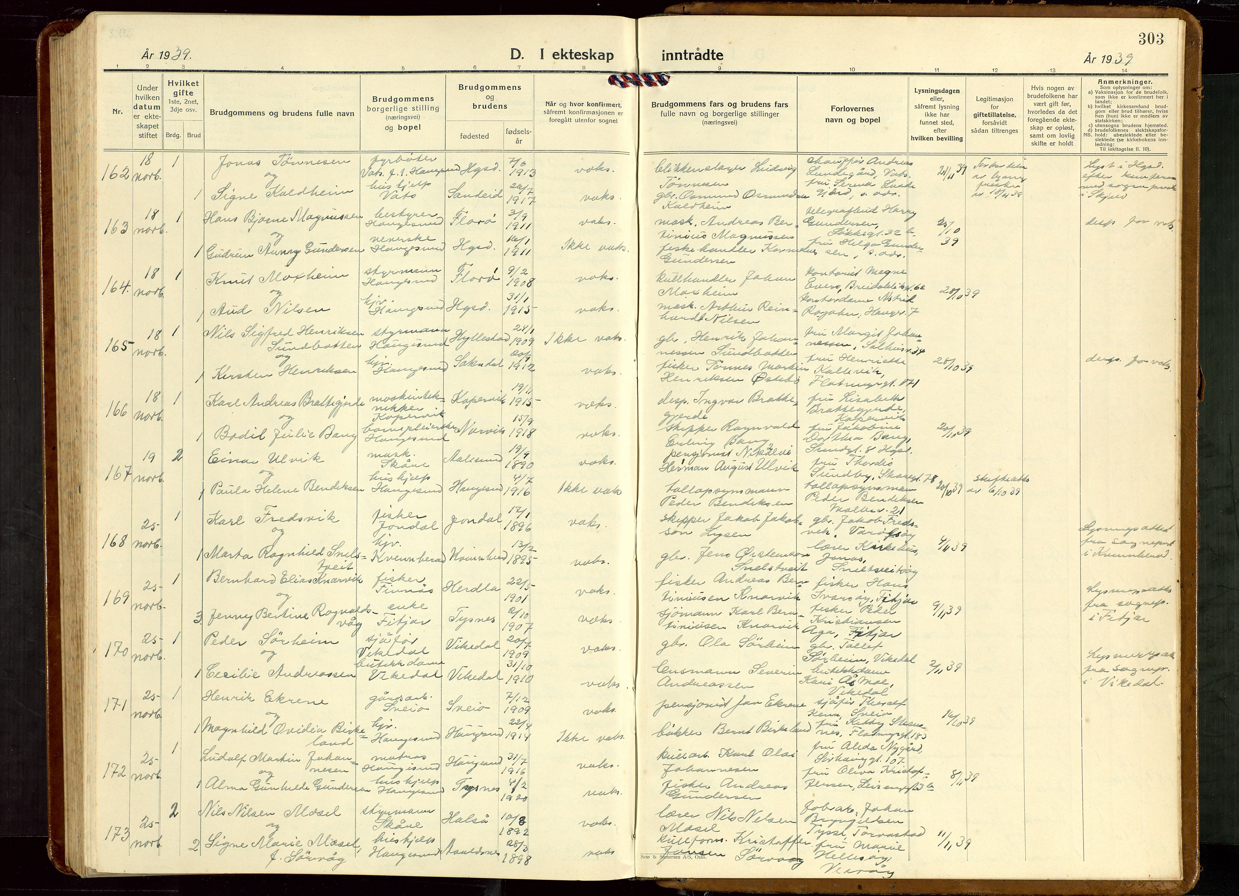 Haugesund sokneprestkontor, AV/SAST-A -101863/H/Ha/Hab/L0013: Klokkerbok nr. B 13, 1931-1943, s. 303