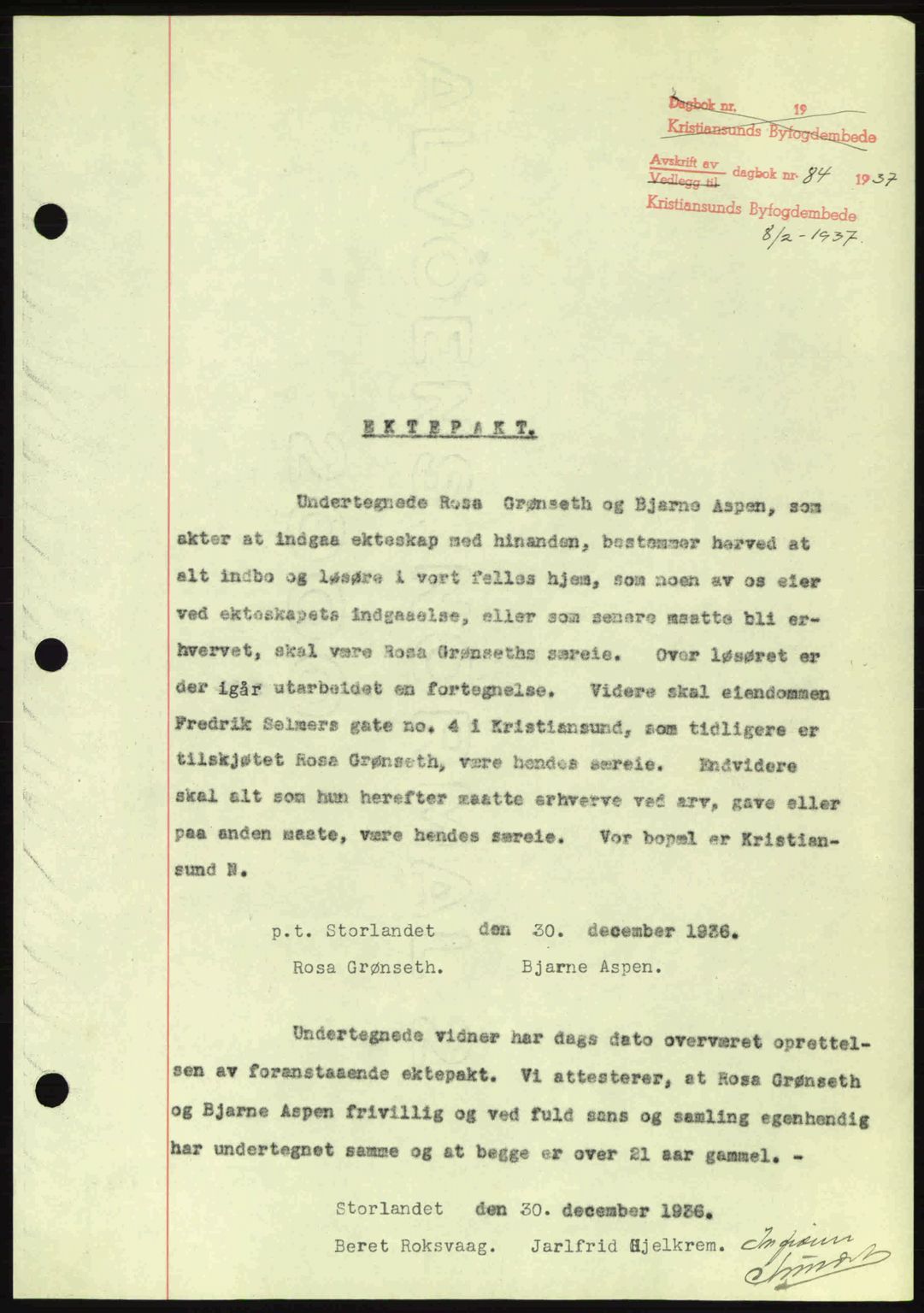 Kristiansund byfogd, SAT/A-4587/A/27: Pantebok nr. 29, 1936-1937, Dagboknr: 84/1937