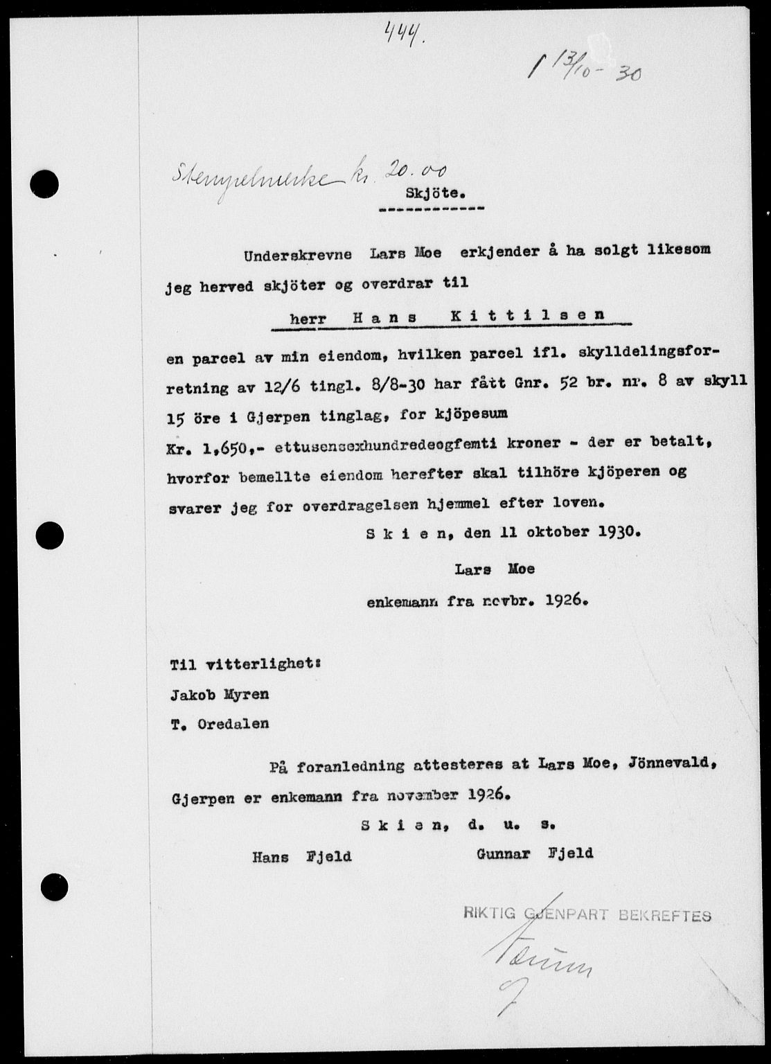 Gjerpen sorenskriveri, SAKO/A-216/G/Ga/Gaa/L0054: Pantebok nr. I 54-56, 1930-1931, s. 444, Tingl.dato: 13.10.1930