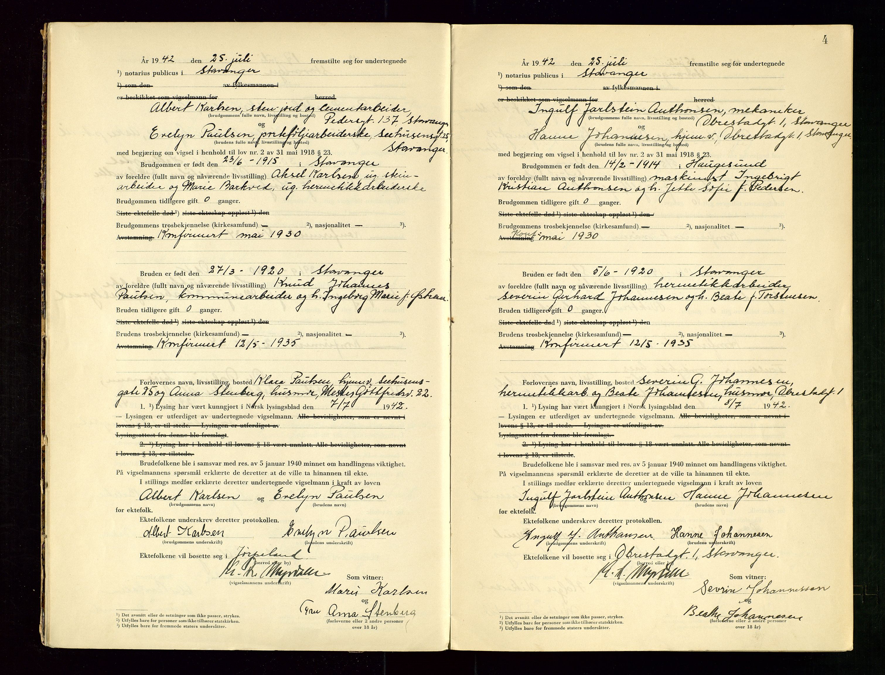 Stavanger byrett, AV/SAST-A-100455/001/6/62/62B/L0005: Vigselsprotokoll, 1942, s. 4