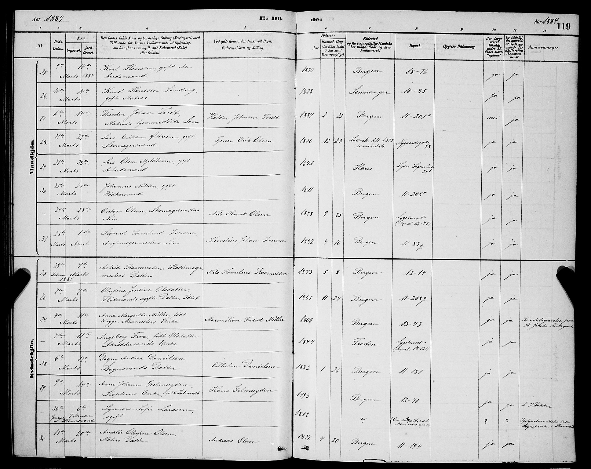 Domkirken sokneprestembete, AV/SAB-A-74801/H/Hab/L0041: Klokkerbok nr. E 5, 1878-1900, s. 119