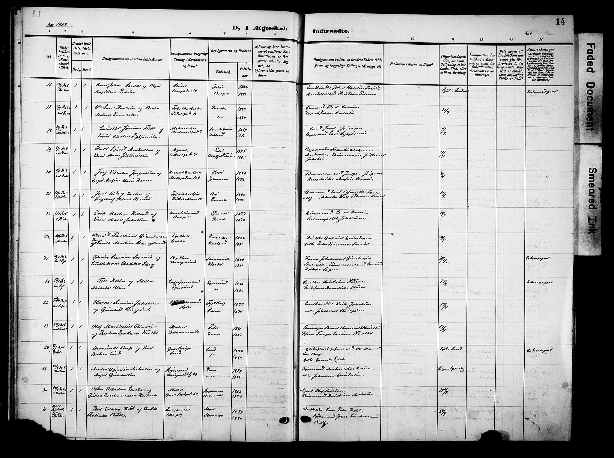 Domkirken sokneprestkontor, SAST/A-101812/001/30/30BB/L0017: Klokkerbok nr. B 17, 1902-1921, s. 14