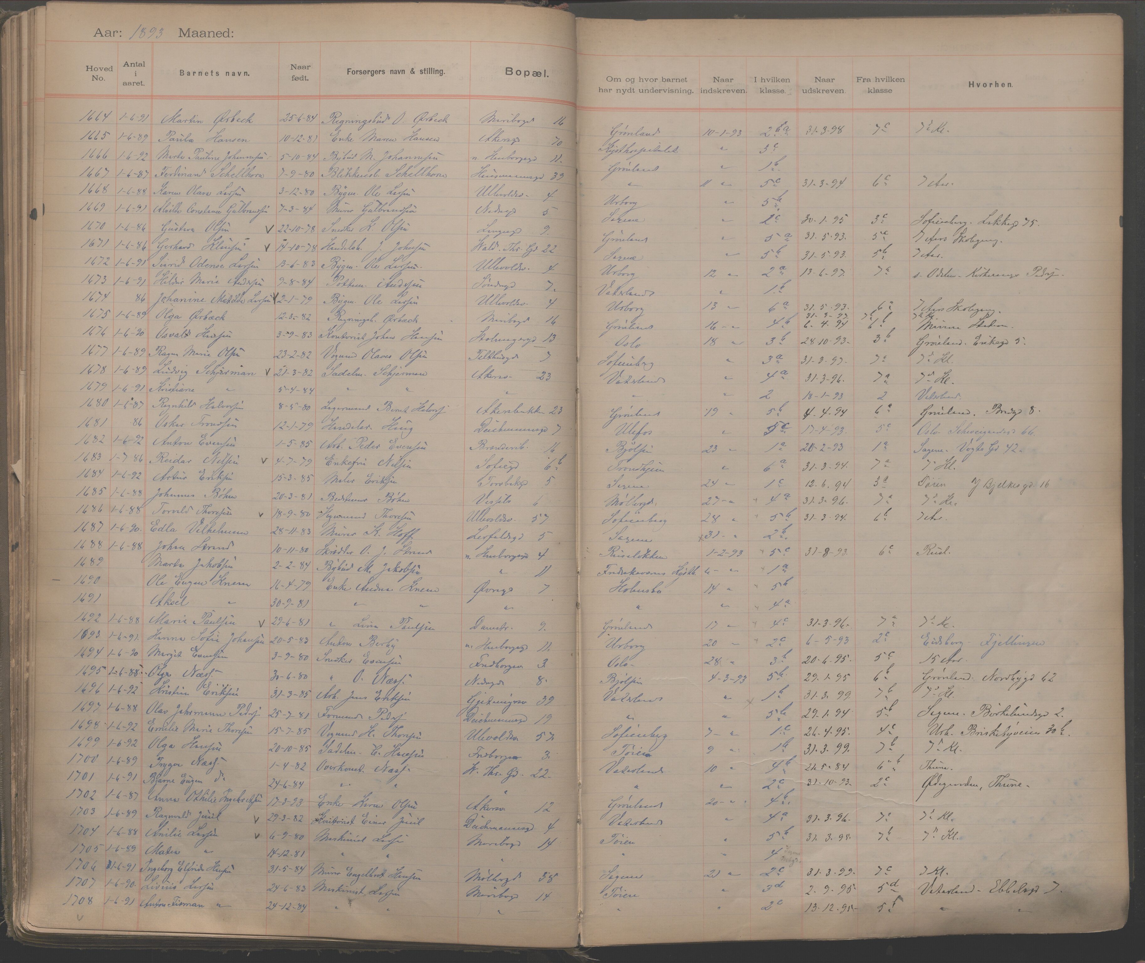 Møllergata skole, OBA/A-20129/F/Fa/L0001: Ut-/innskrivningsprotokoll, 1889-1907, s. 43