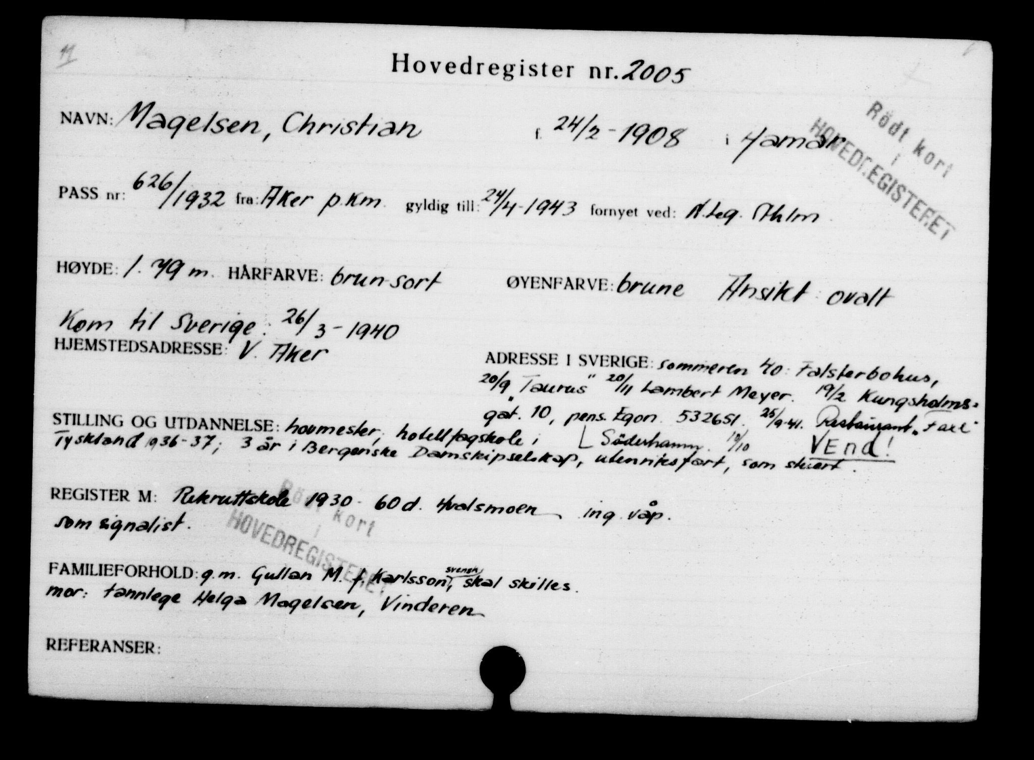 Utenriksstasjonene, Legasjonen i Stockholm, Flyktningkontoret, AV/RA-S-6753/V/Va/L0003: Kjesäterkartoteket, flyktninger med registreringsnr. 2001-3495, 1940-1945, s. 6
