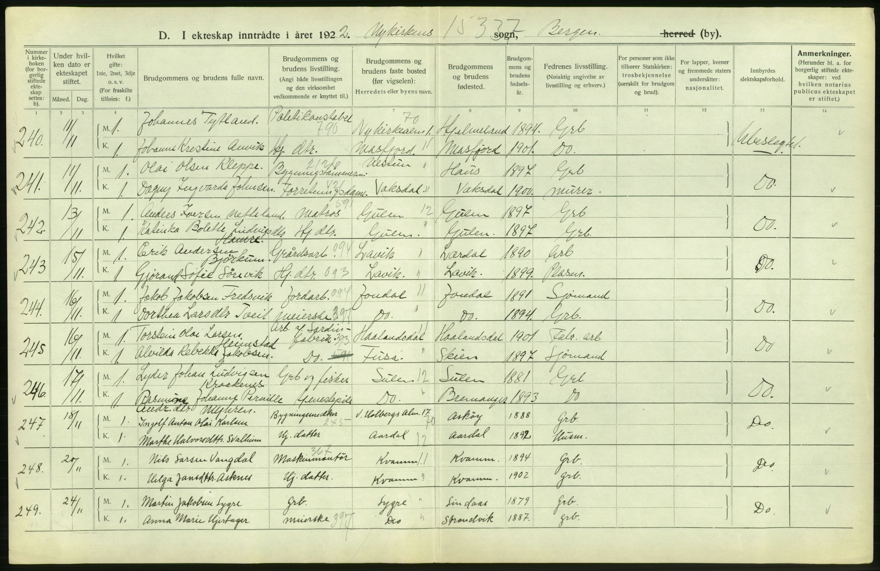 Statistisk sentralbyrå, Sosiodemografiske emner, Befolkning, AV/RA-S-2228/D/Df/Dfc/Dfcb/L0030: Bergen: Gifte, døde, dødfødte., 1922, s. 170