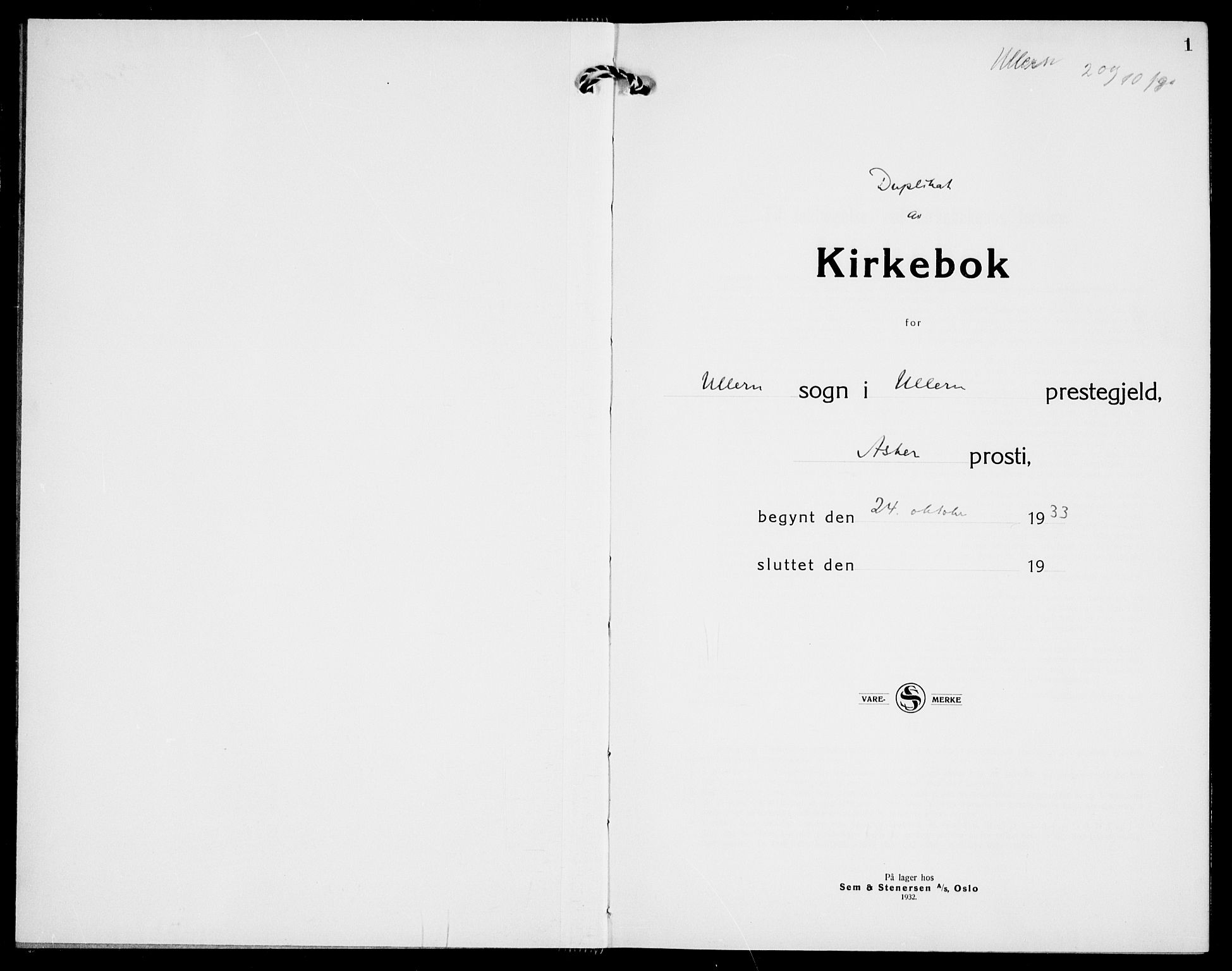 Ullern prestekontor Kirkebøker, SAO/A-10740/G/L0001: Klokkerbok nr. 1, 1933-1942, s. 1