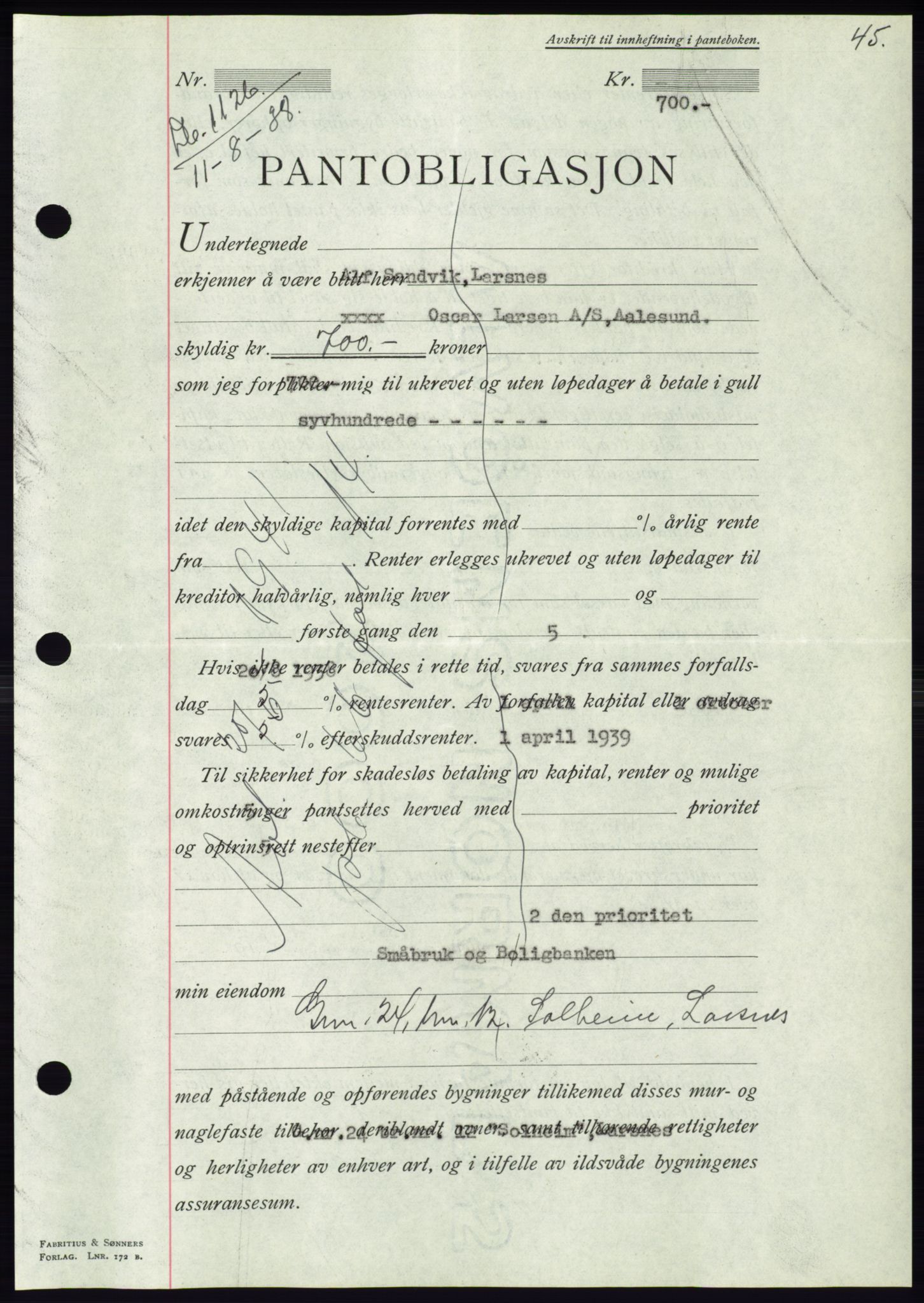 Søre Sunnmøre sorenskriveri, AV/SAT-A-4122/1/2/2C/L0066: Pantebok nr. 60, 1938-1938, Dagboknr: 1126/1938