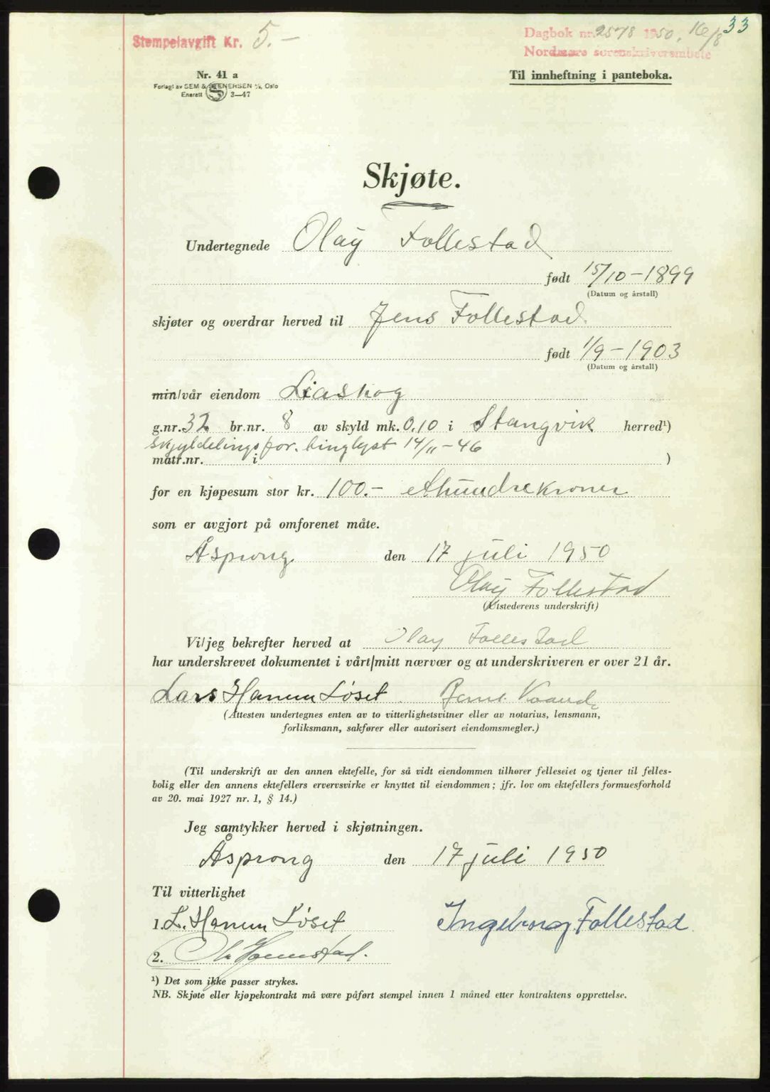 Nordmøre sorenskriveri, AV/SAT-A-4132/1/2/2Ca: Pantebok nr. A116, 1950-1950, Dagboknr: 2578/1950