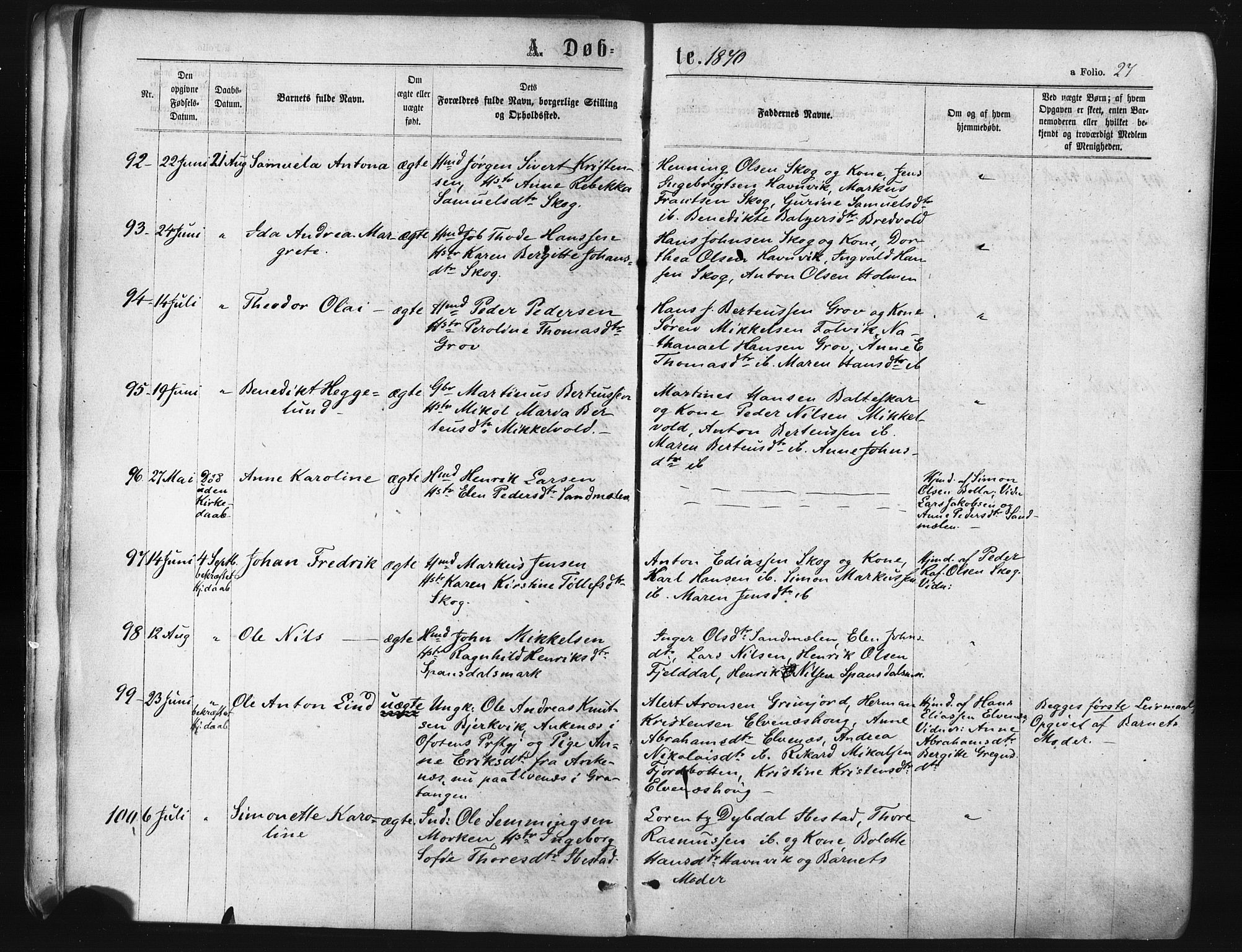 Ibestad sokneprestembete, AV/SATØ-S-0077/H/Ha/Haa/L0010kirke: Ministerialbok nr. 10, 1869-1879, s. 27