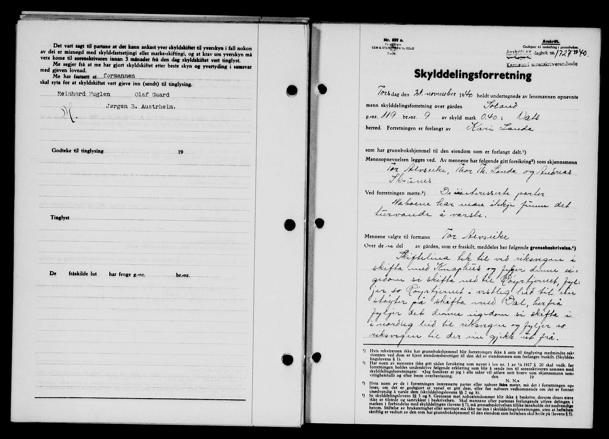 Karmsund sorenskriveri, SAST/A-100311/01/II/IIB/L0074: Pantebok nr. 55A, 1940-1941, Dagboknr: 1727/1940